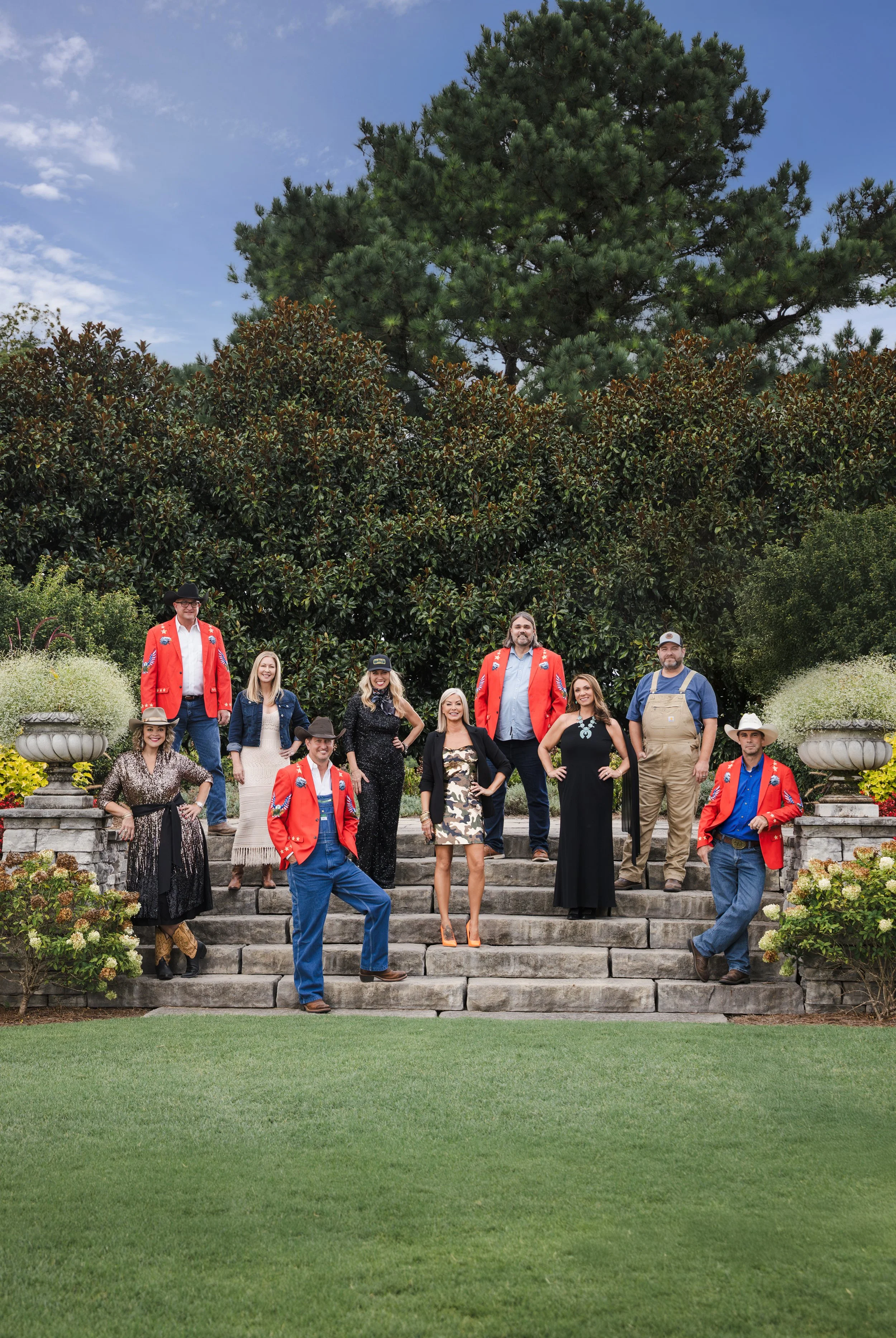 Closer group portrait of Hog Ball organizers during a Southern editorial shoot at Eastern Flank Battlefield Park in Franklin, TN. Photographed by Tausha Dickinson for YOUR WILLIAMSON magazine's September 2025 issue.