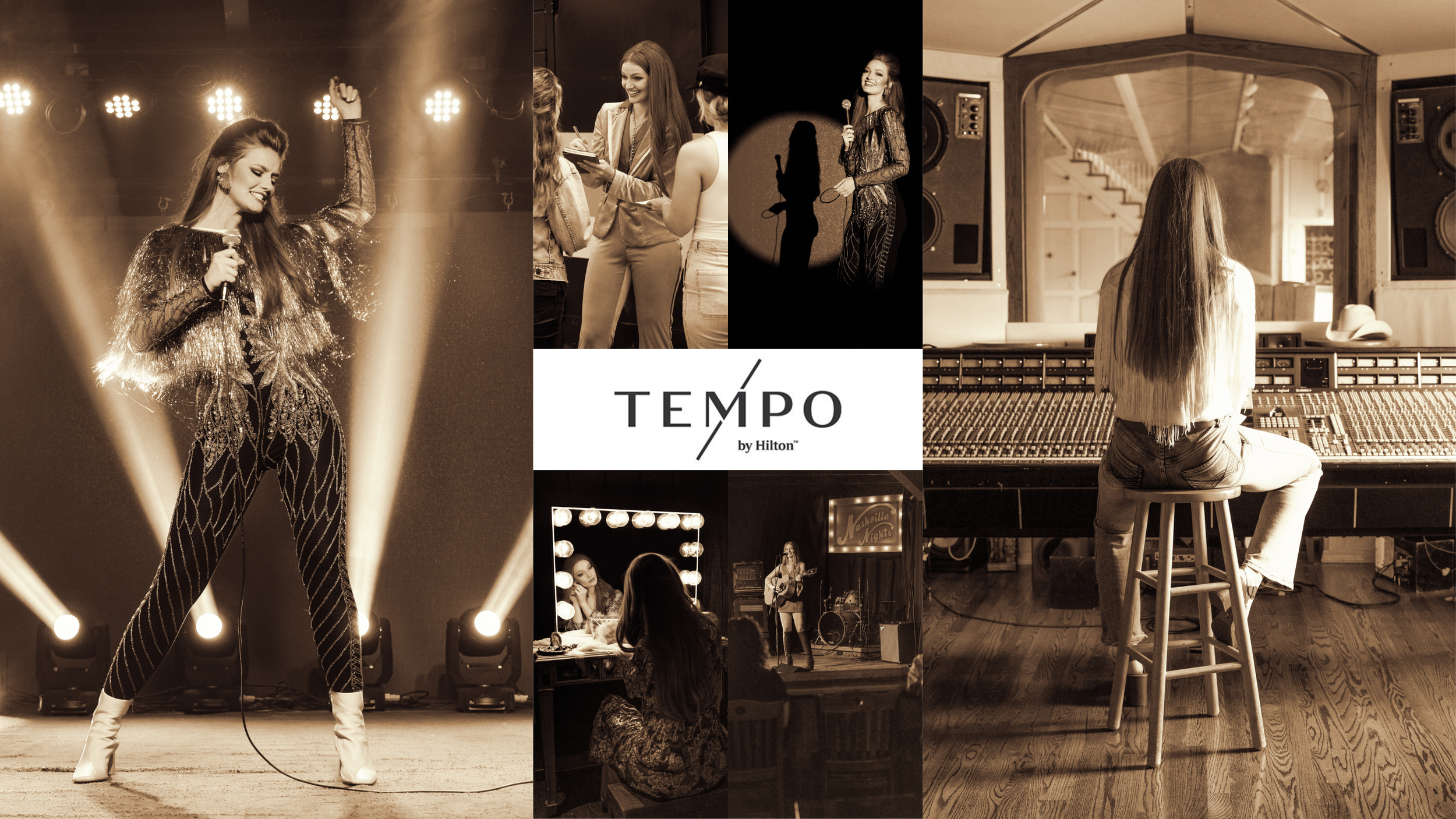Collage of scenes from a performance and recording studio, with the logo 'TEMPO by Hilton' in the center.