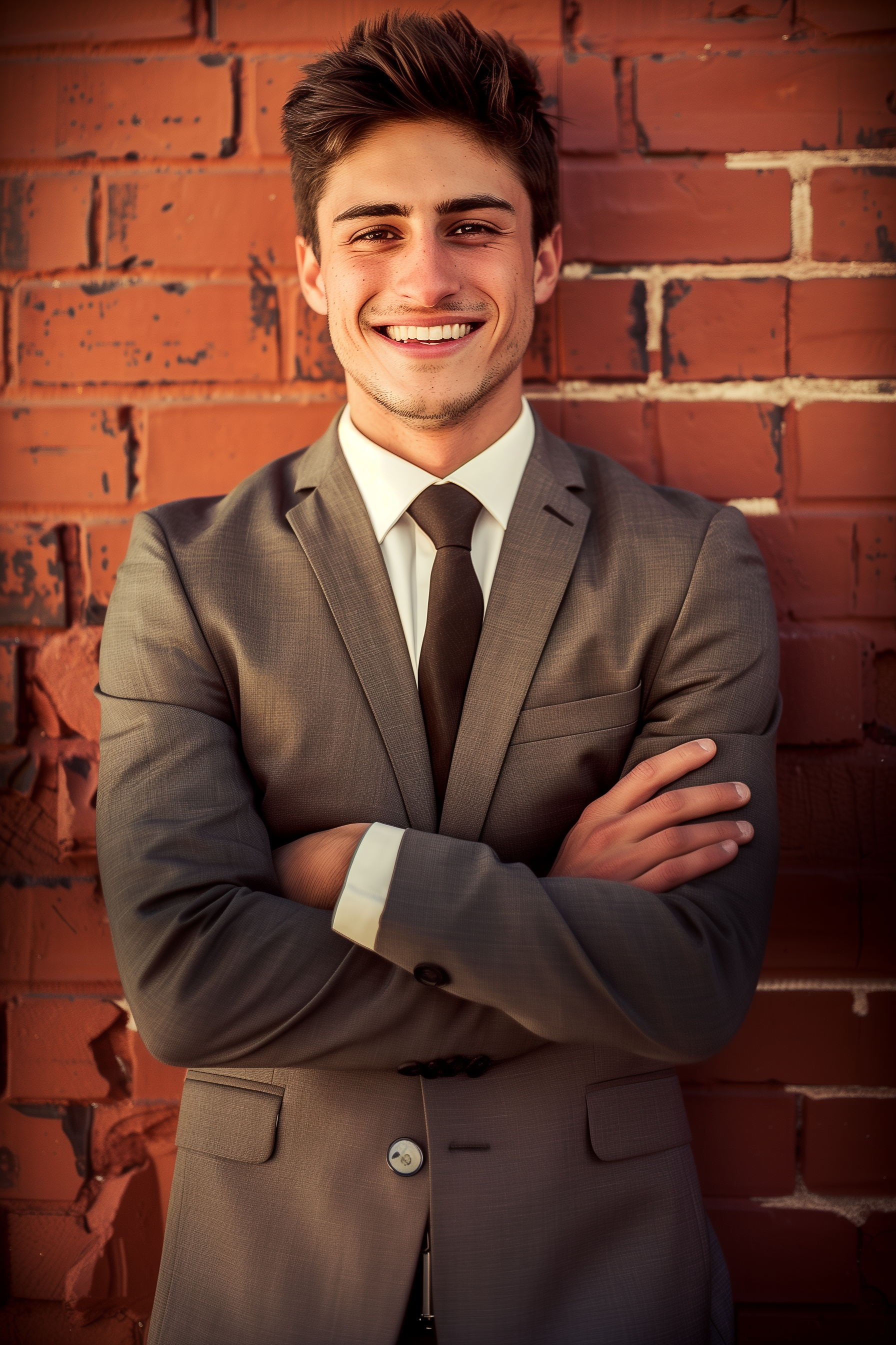 AI-generated example of outdated LinkedIn headshot: stiff corporate pose with crossed arms and brick wall