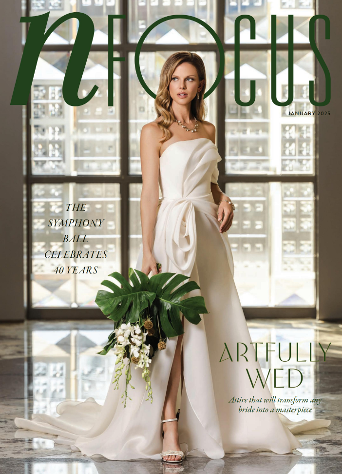 A graceful cover shot for Nfocus Magazine, highlighting bridal style with architectural sophistication. The flowing gown and vibrant greenery evoke a sense of modern romance. Nashville Commercial Photographer with experience in magazine editorial wor
