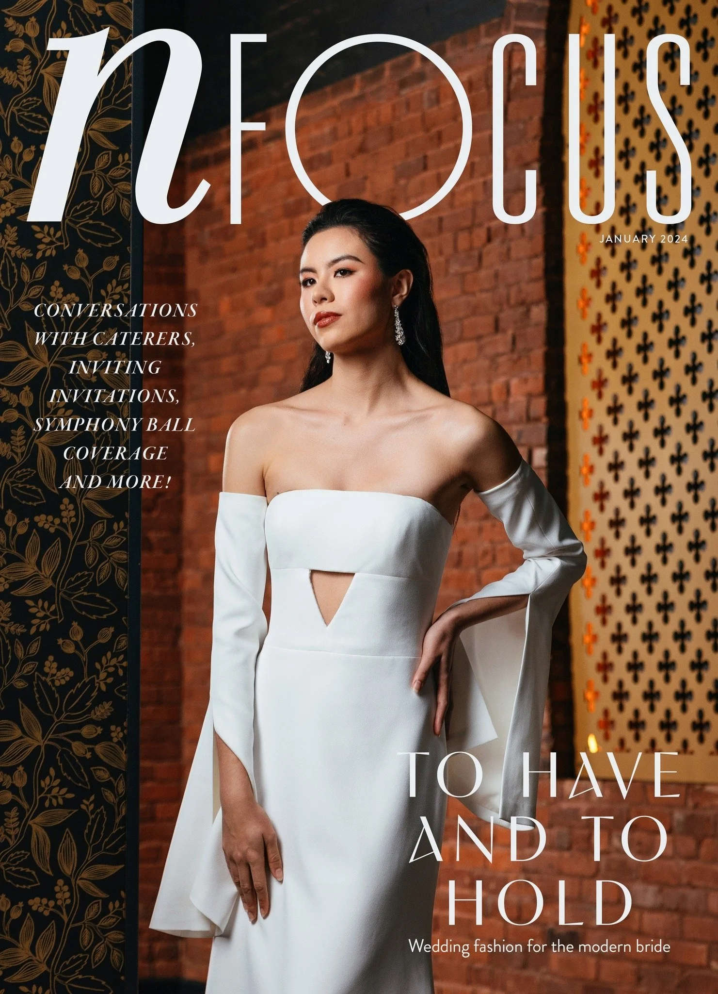 A timeless bridal portrait featuring modern, minimalist elegance on the cover of Nfocus Magazine. The soft lighting and textured backdrop highlight the contemporary design of the gown. Nashville Fashion Photographer creating captivating editorial ima
