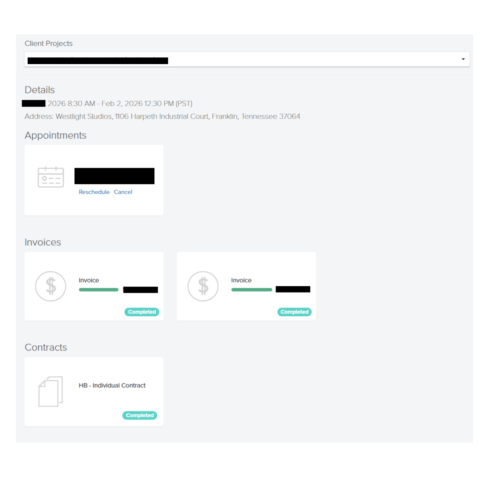 Dubsado CRM client project dashboard displaying appointments, completed invoices, and signed contracts for photography business