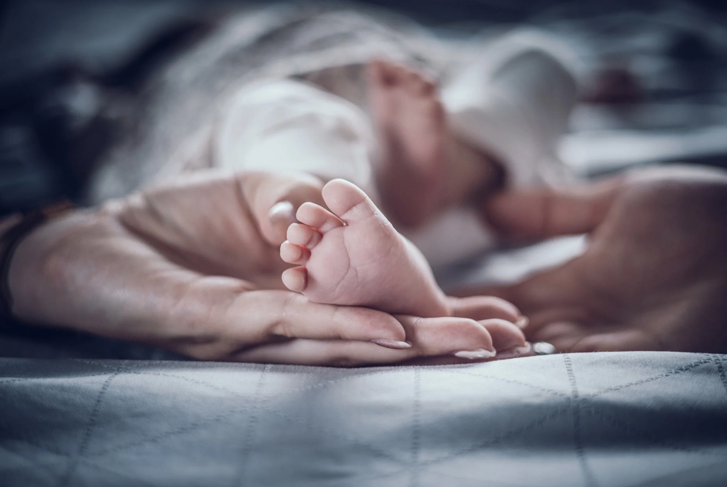 Babyfüße werden von Mama und Papa gehalten – Newbornfotografie in München