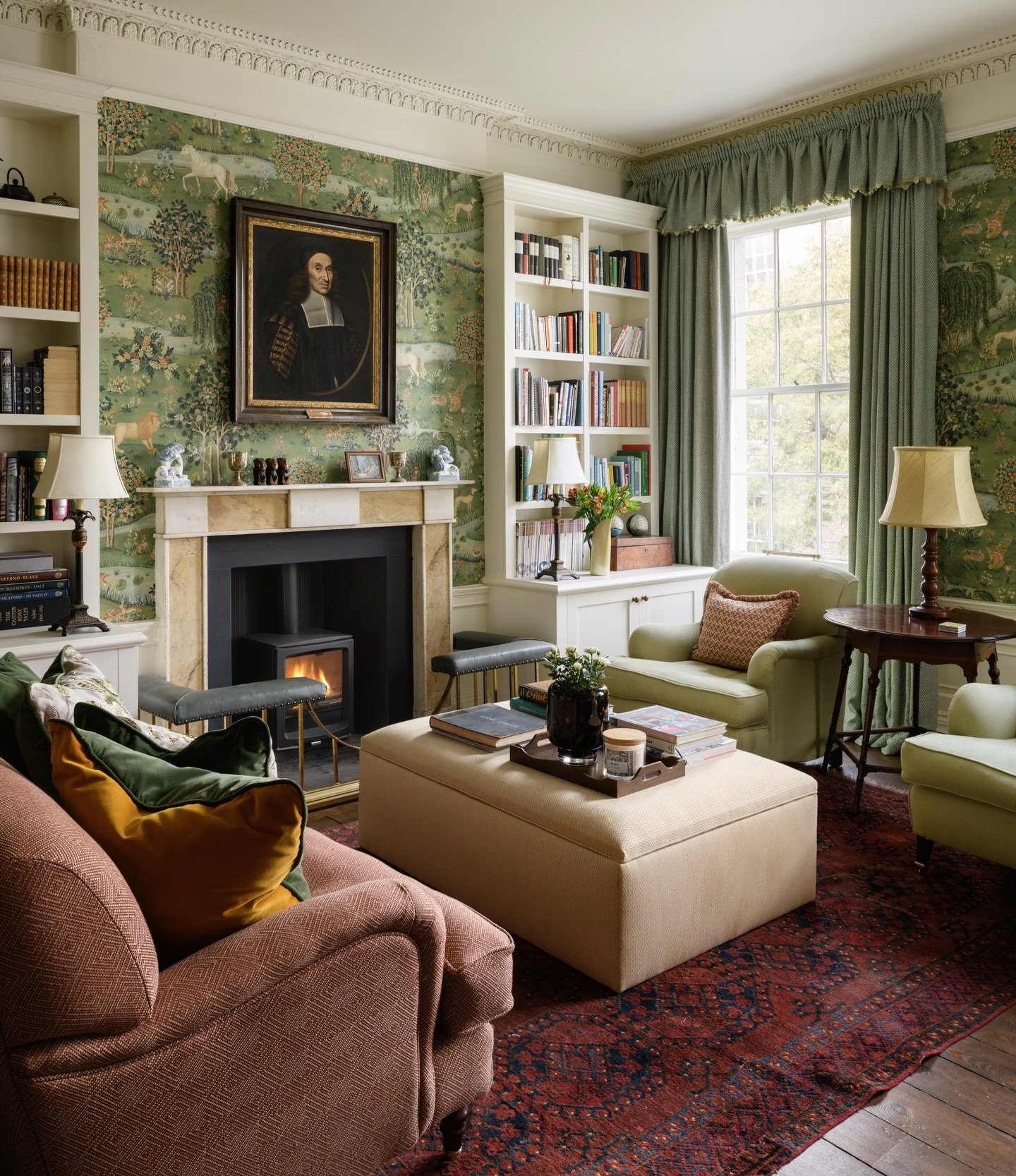 {TIMELESS INTERIORS} Our Edinburgh townhouse project library maximises storage and allows for a grown up space whilst still being fun and stylish. We layered patterns and colours on top of the fabulous scenic wallpaper to create a relaxin and soulful
