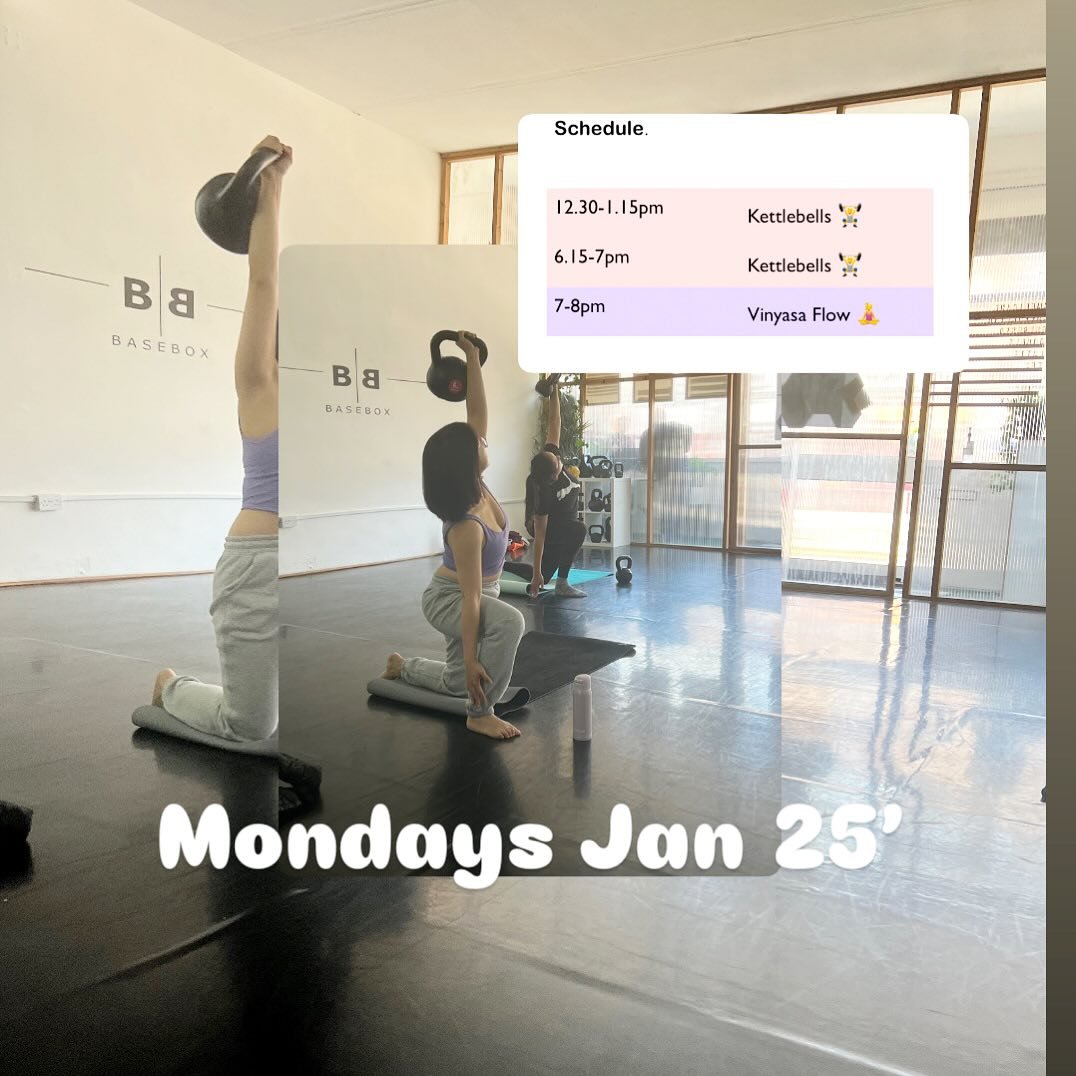 Your Monday schedule for Jan! Lift and swing with Kettlebells, then stretch and flow with Yoga 🏋️🧘&zwj;♀️
