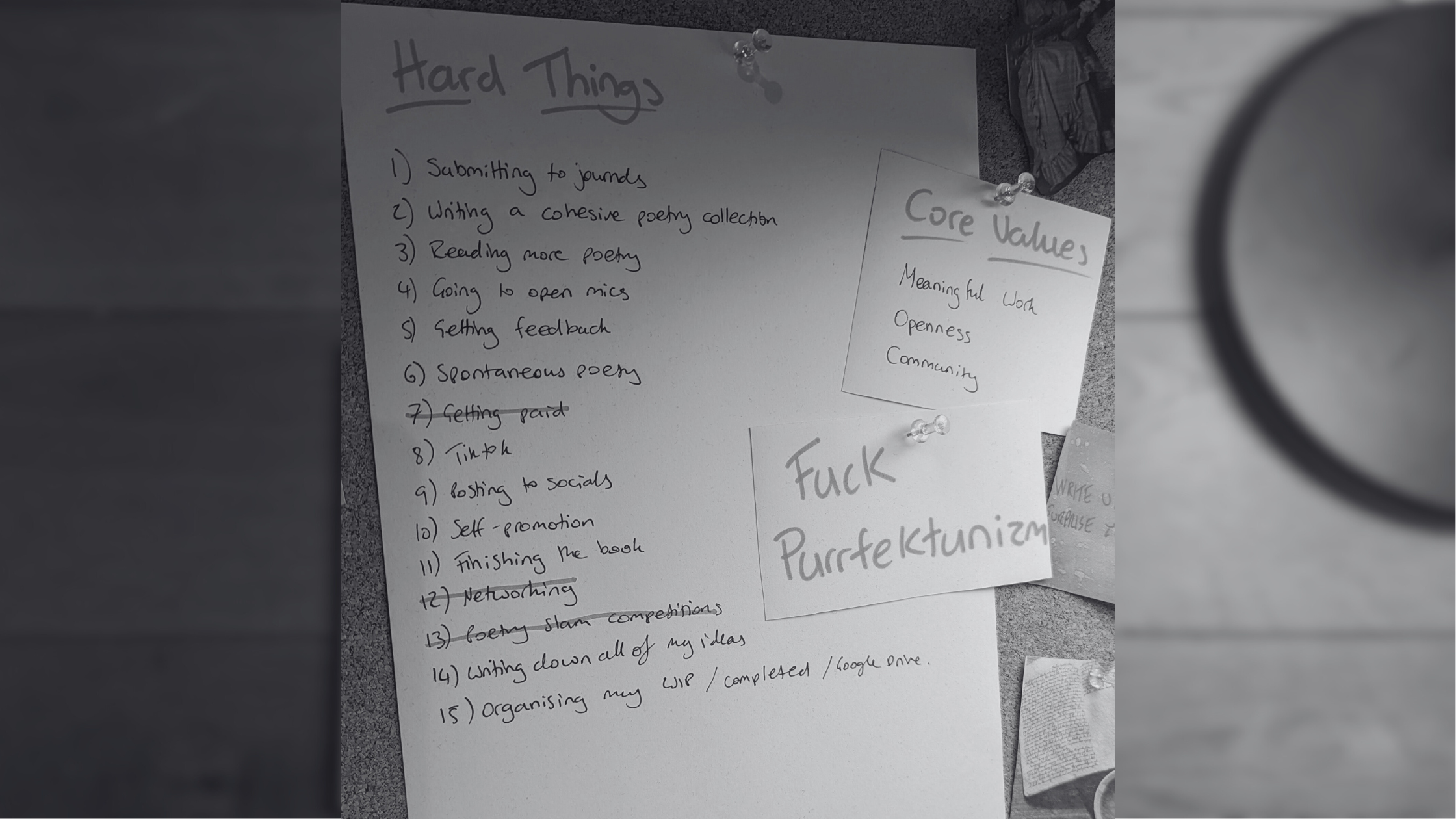 List of 15 hard things with 7. Getting Paid, 12. Networking and 13. Poetry Slam competitions crossed out
