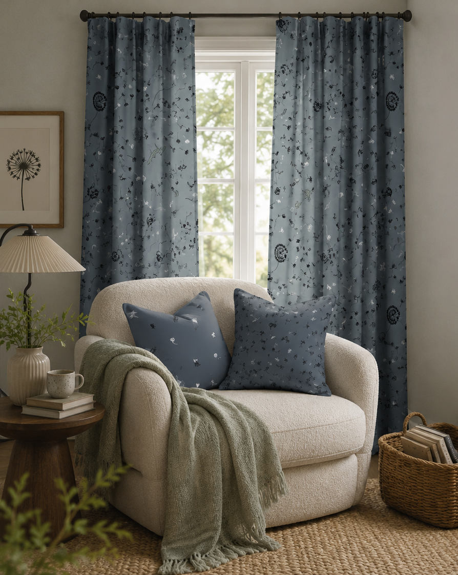 Coordinated room with release on the curtains, seed rain and seed scatter night on the pillows