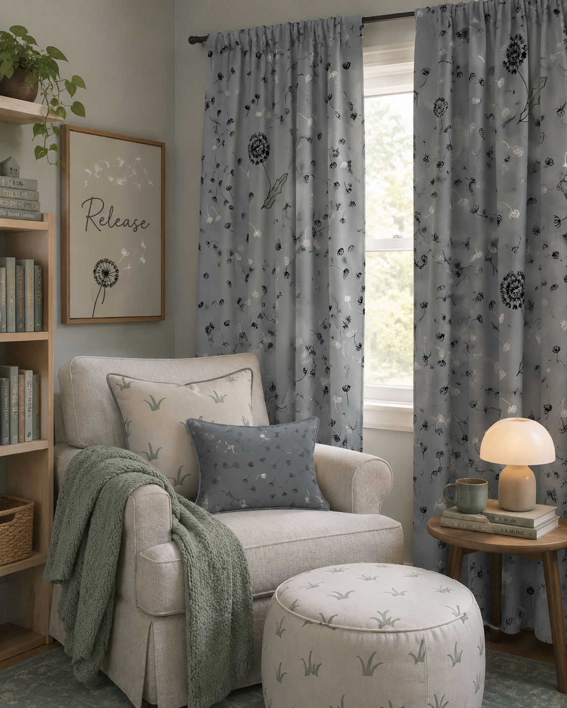 Reading nook with Release pattern on curtains
