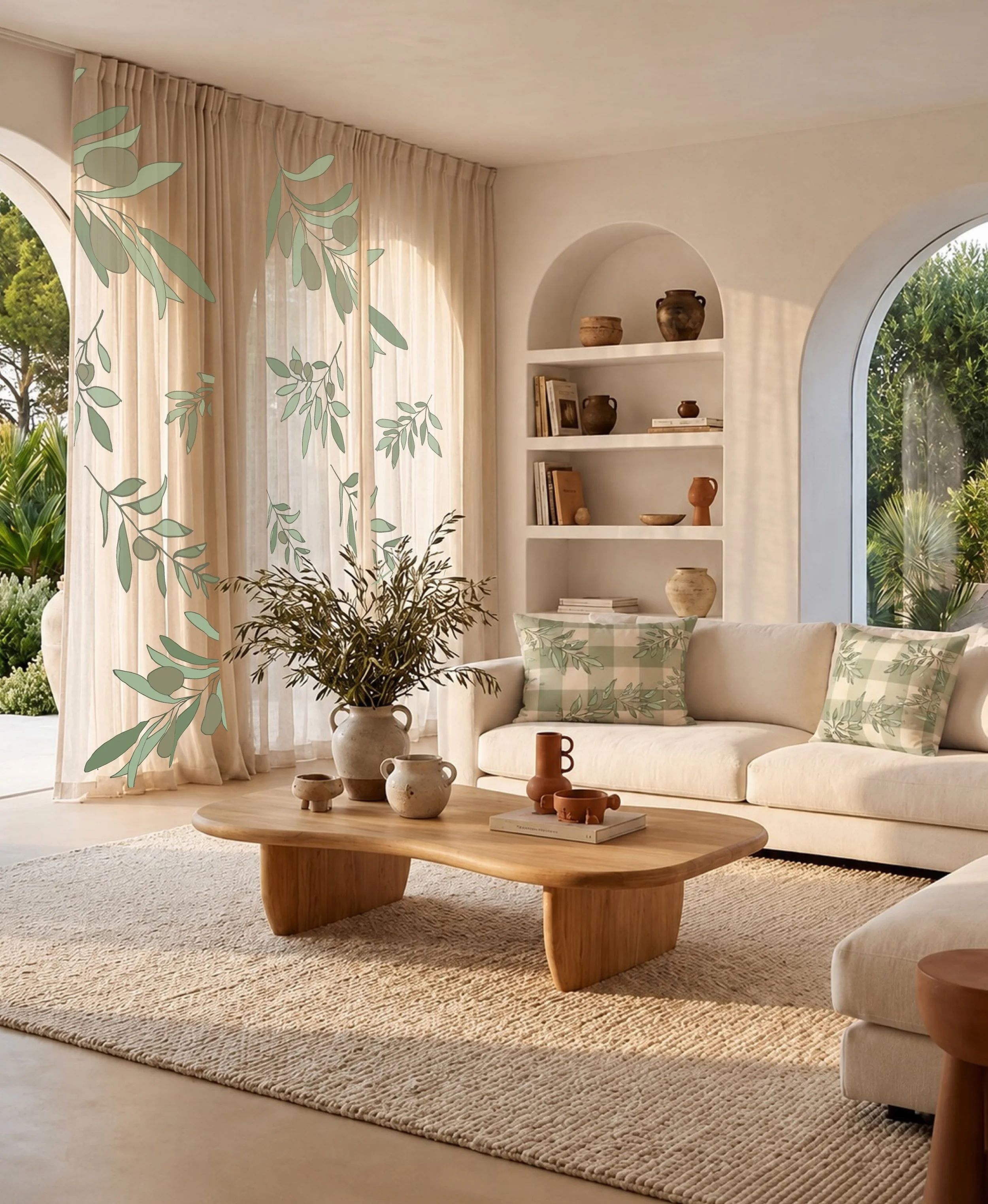 Coordinated Room Mockup, Olive Branch Panel Curtains and Olive Gingham Pillows