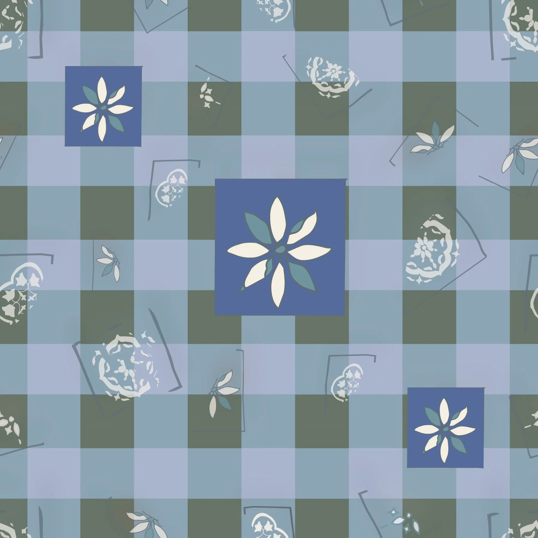 Blue Gingham with Tile Fragments