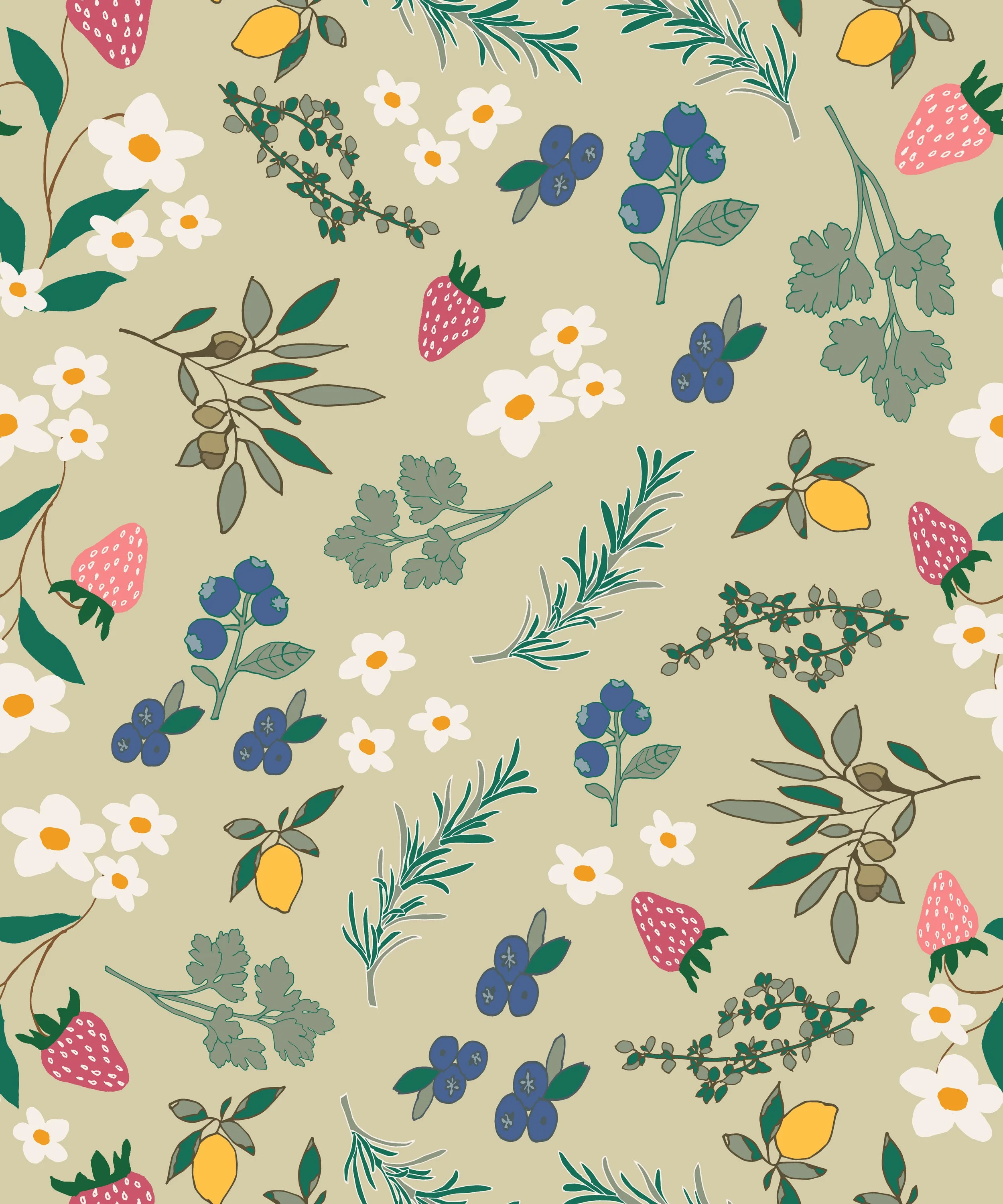 fruits, blossoms, herbs tossed about