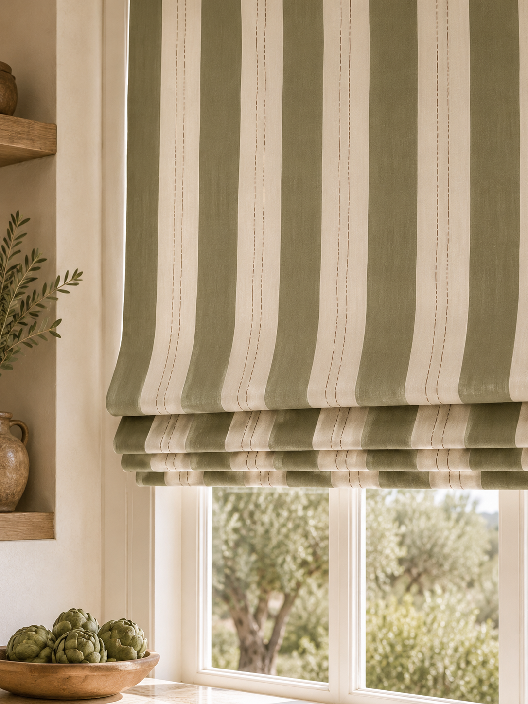 Olive Stripes on Roman Shades