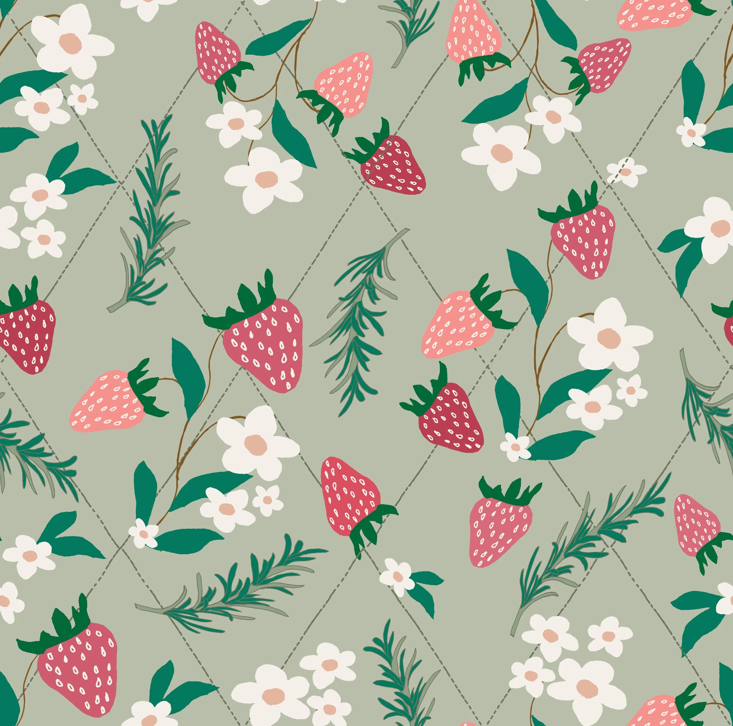 Strawberries and rosemary with a trellis background