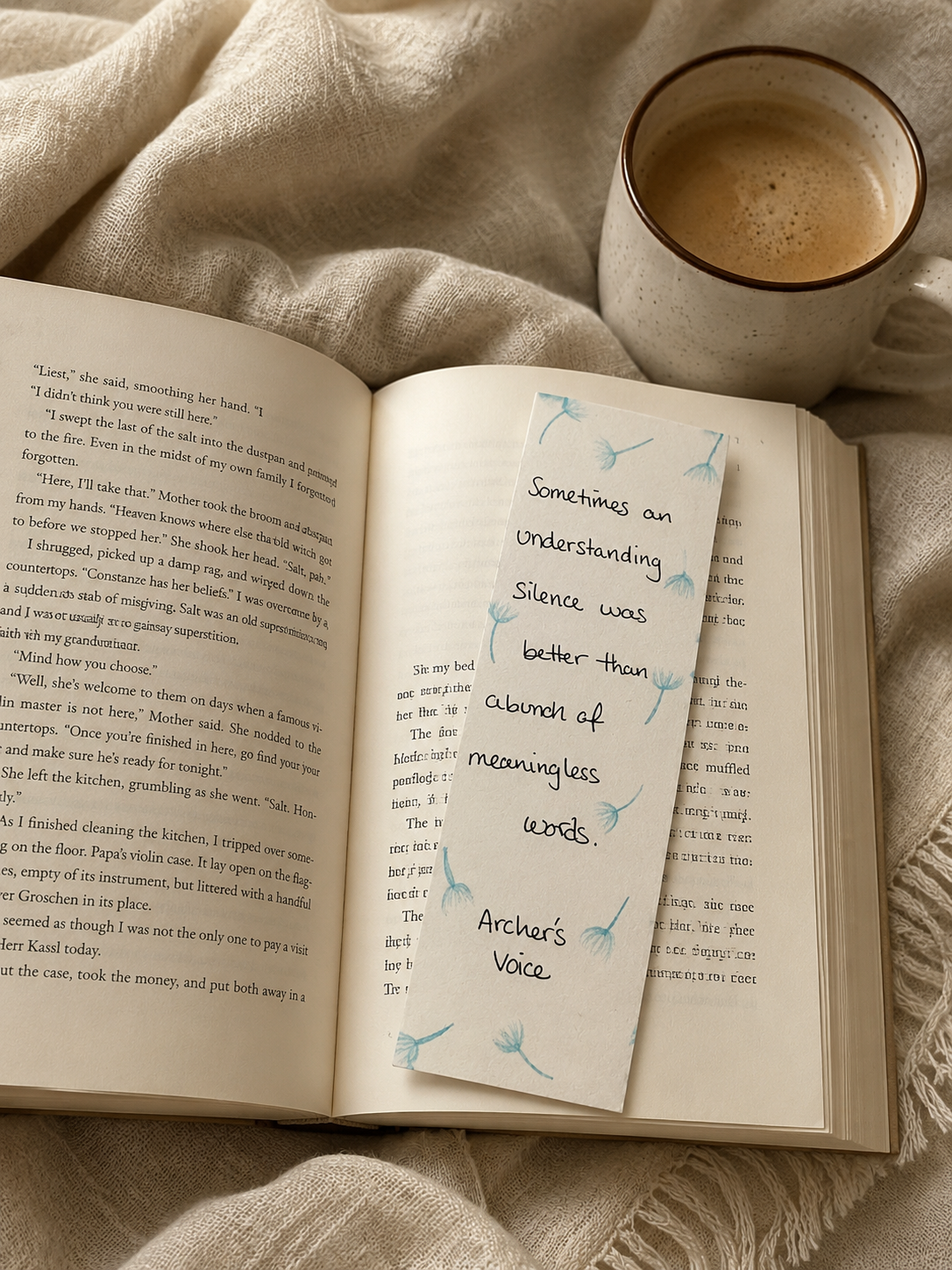 Bookmark on an open book with a blanket and coffee