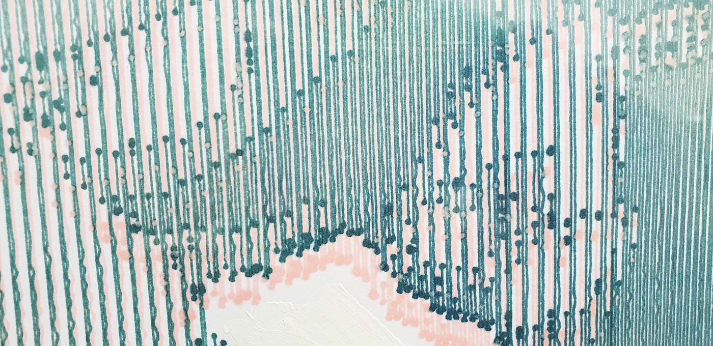 Close-up detail of Glyndebourne Afternoon, showing the intricate polargraph ink lines built up by the pendulum-drawing robot.