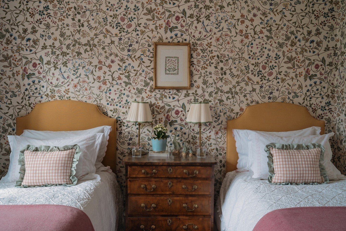 We loved designing this whimiscal twin room in our recently completed Dorset country house project. With the help of @boneblackltd to install this beautiful wallpaper from Lewis &amp; Wood, this somber room has been transformed into a joyful, vibrant