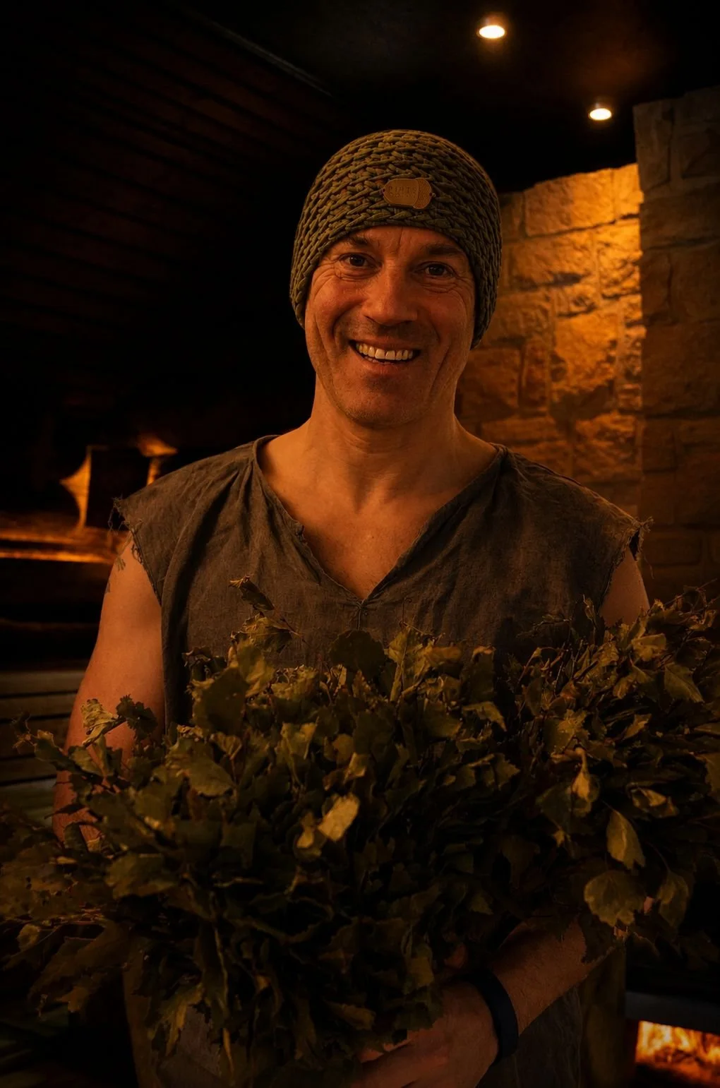 A smiling man wearing a knit beanie and a sleeveless, rugged shirt, holding a large bunch of dried leaves or herbs, standing in a warmly lit indoor space with stone walls.