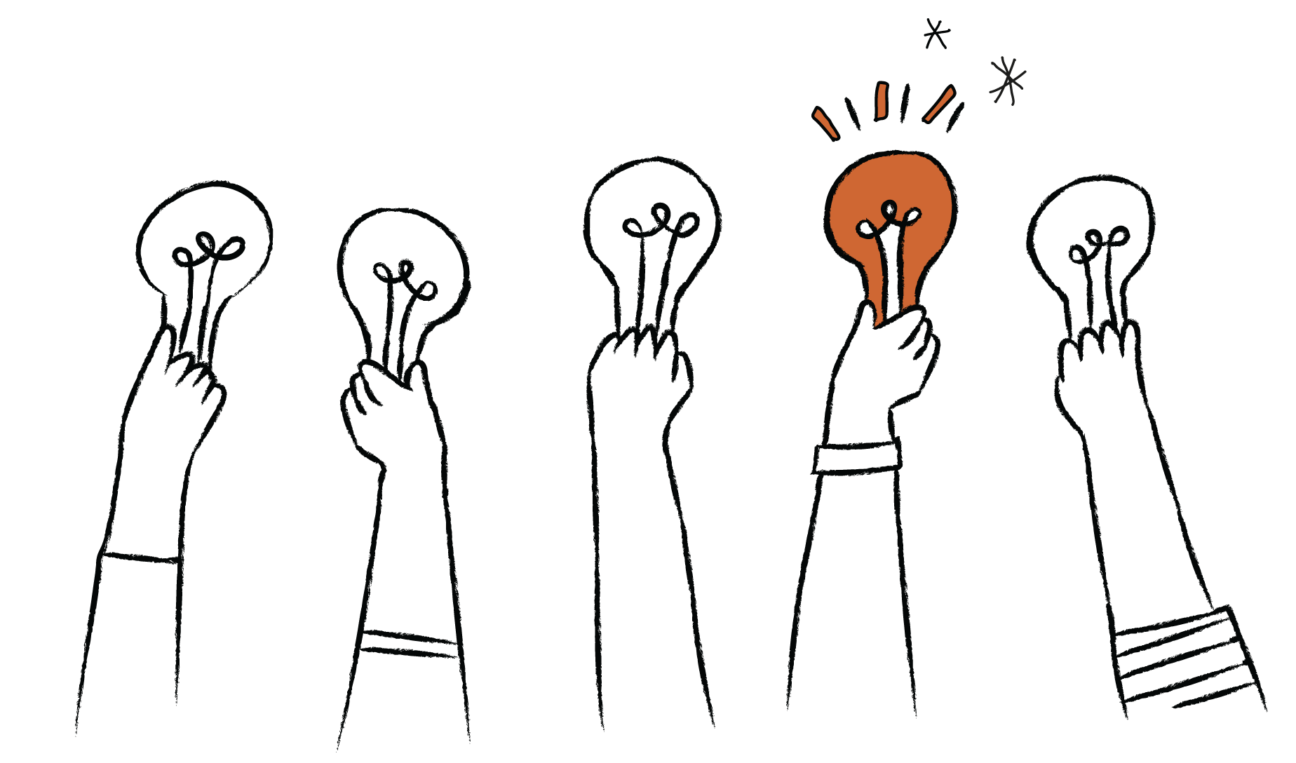 Illustration of five hands holding light bulbs, one light bulb is lit and glowing, representing a bright idea.
