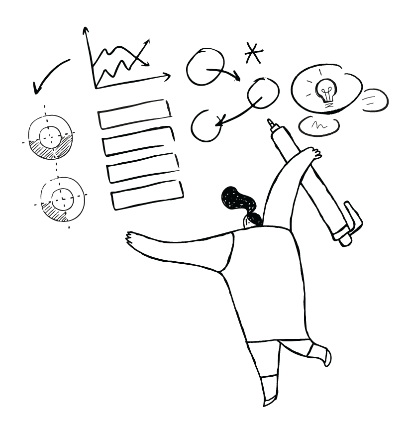 A hand holding a smartphone displaying a diagram of graphs, icons, and a light bulb representing ideas and analysis.