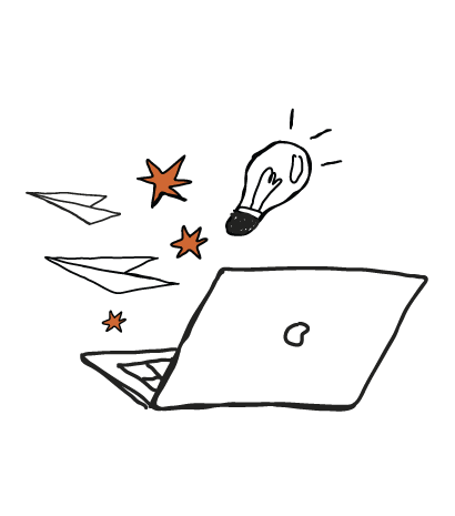 Illustration of a laptop, light bulb, paper airplane, and stars against a black background, symbolizing ideas, creativity, and innovation.
