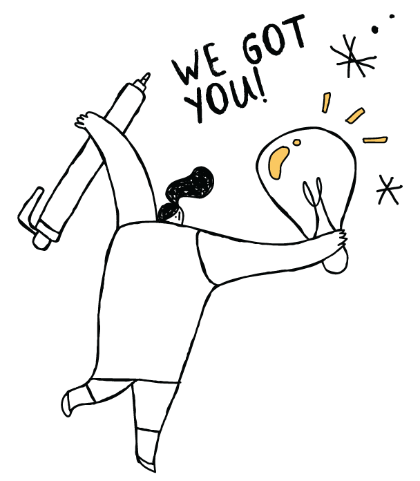 A black silhouette of a person with a duck's head, holding a diploma in one hand, with a glowing yellow light bulb as the head, and the text "WE GOT YOU!" above.