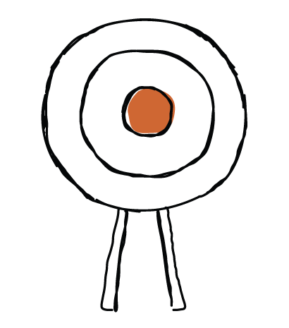 Drawing of a black circular object with a small orange circle in the center, held by four thin legs.