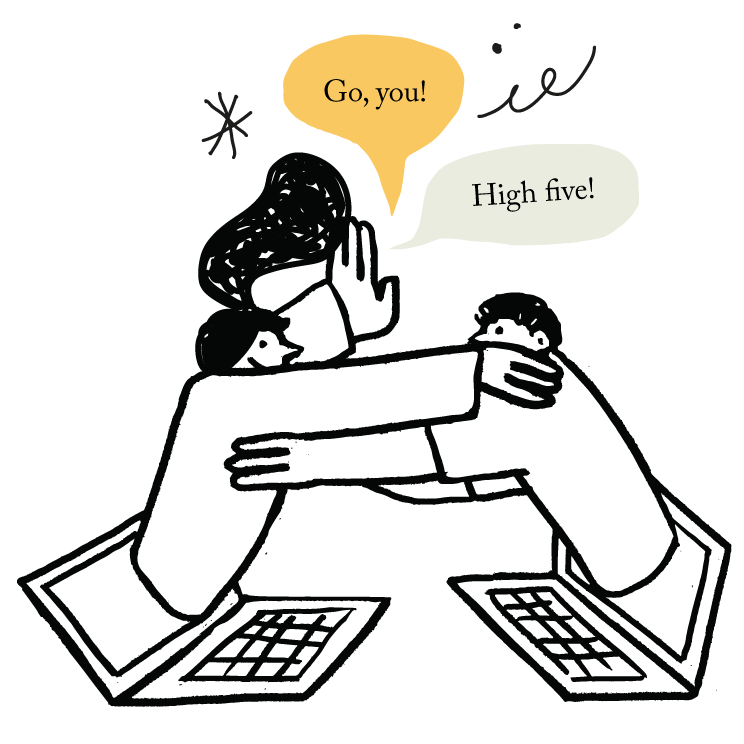 An illustration of two people sitting at a table, giving a high five. One person has a speech bubble saying 'Go, you!' and the other says 'High five!'