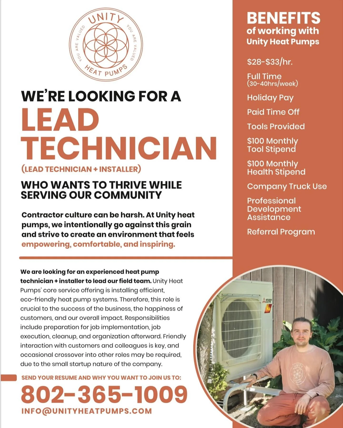 Ready to lead with purpose?
Unity Heat Pumps is hiring a Lead Technician/Installer who wants to grow, thrive, and make a real impact!
Join a company that values empowerment, comfort, and community!
$28&ndash;$33/hr | Full-time | Great Benefits | Posi