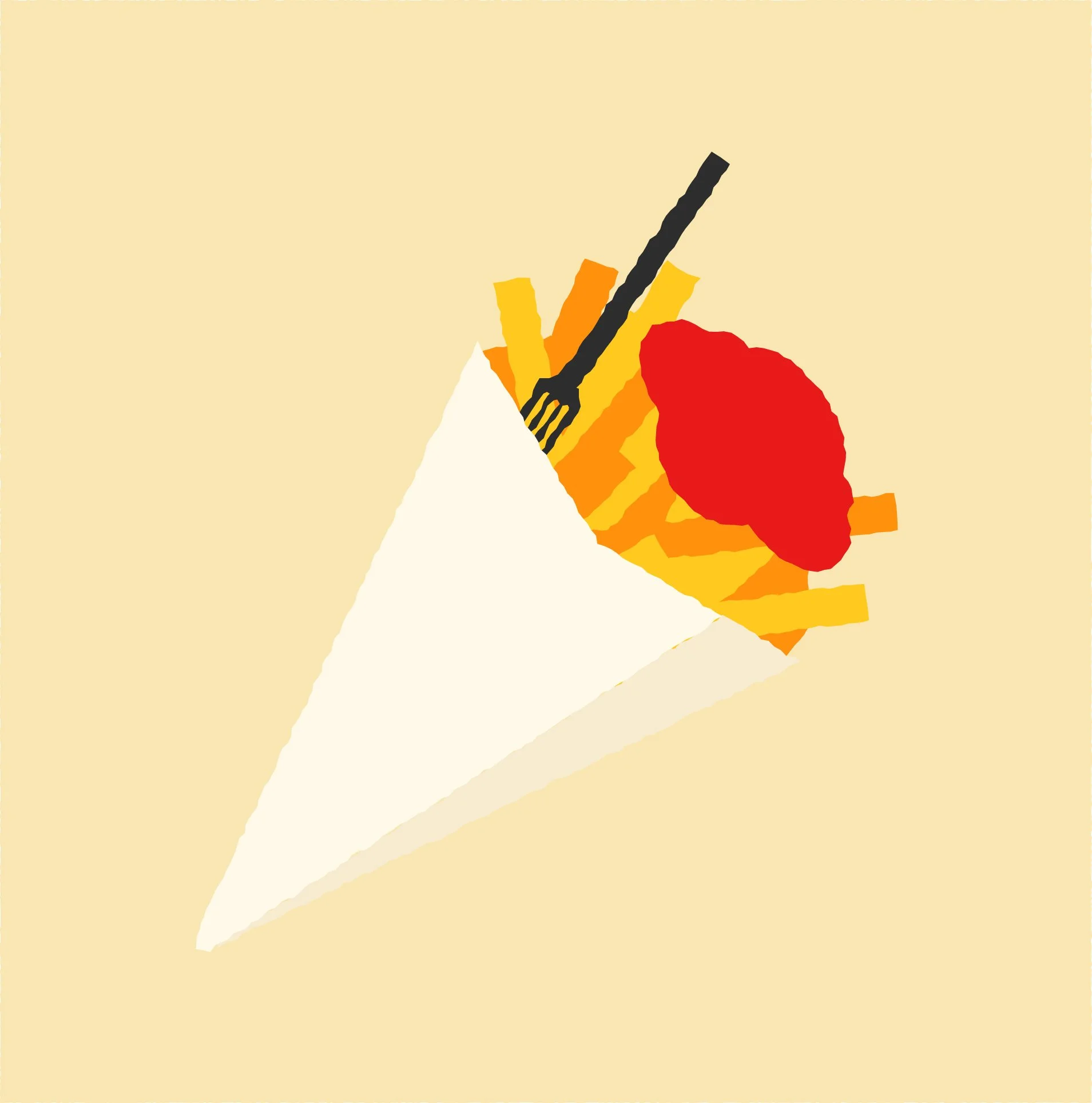 Illustration of french fries with ketchup on top, orange and yellow decorative elements, with a black fork on top.
