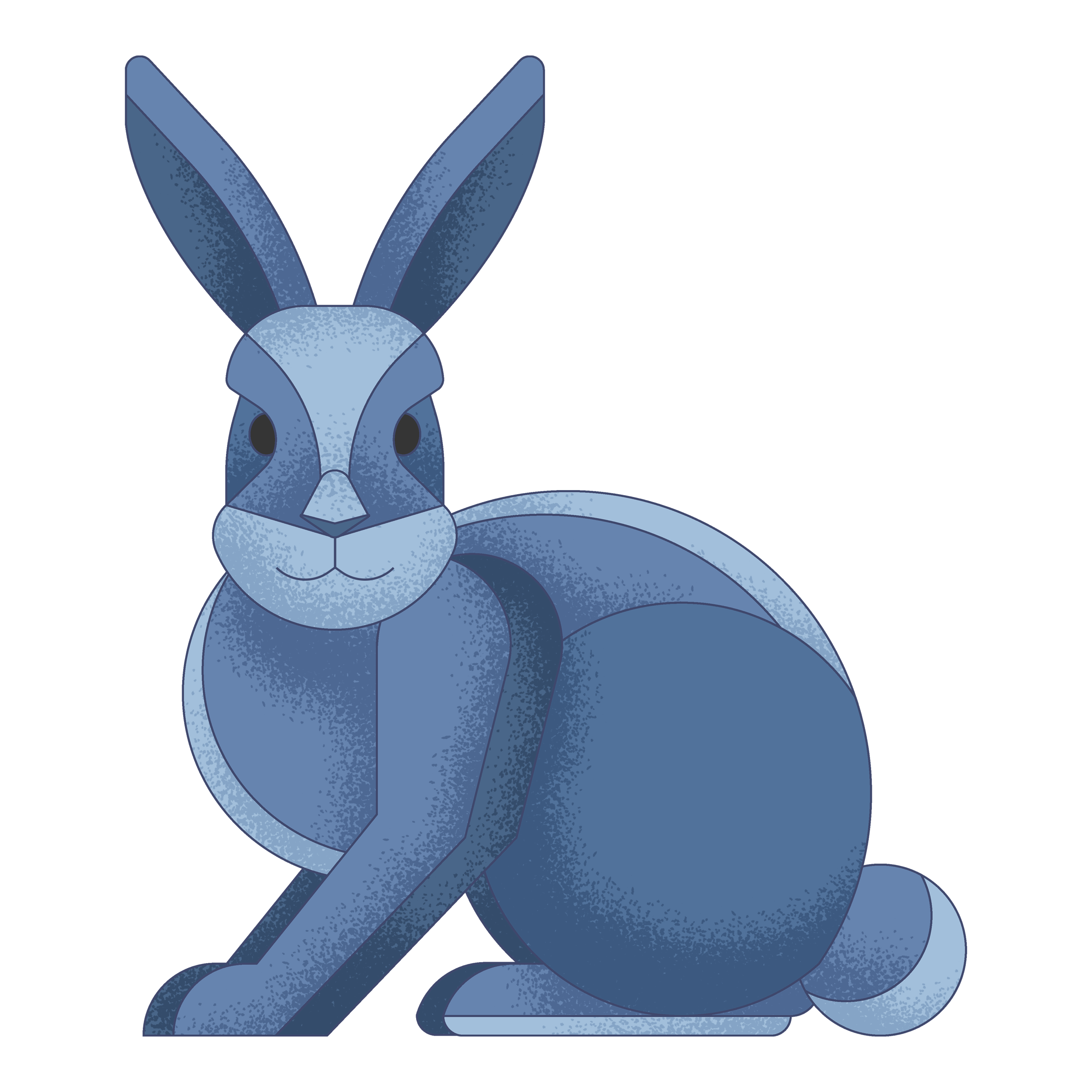 Stylized blue illustration of a rabbit with long ears sitting on its hind legs against a dark background.