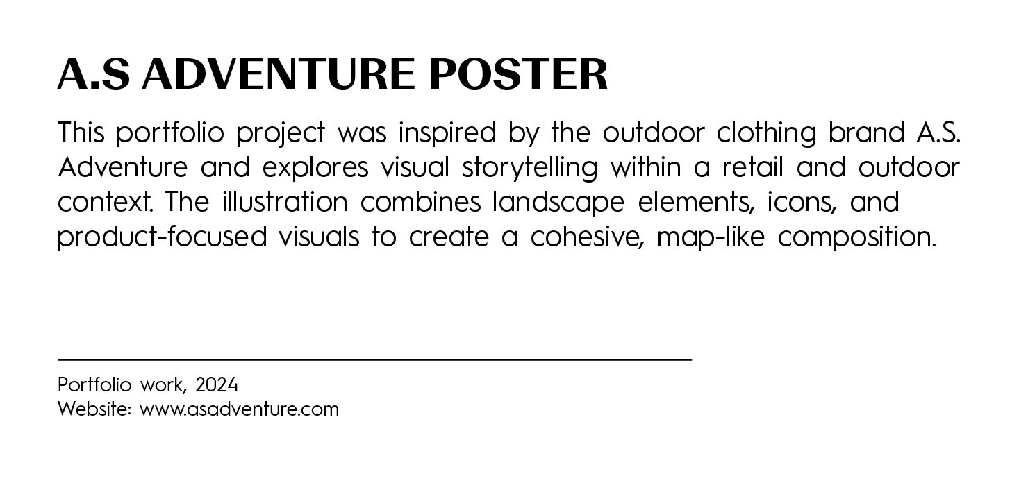 A white poster titled 'A.S ADVENTURE POSTER' with black text describing an outdoor clothing brand inspired project, including a portfolio work date of 2024 and a website URL www.asadventure.com.