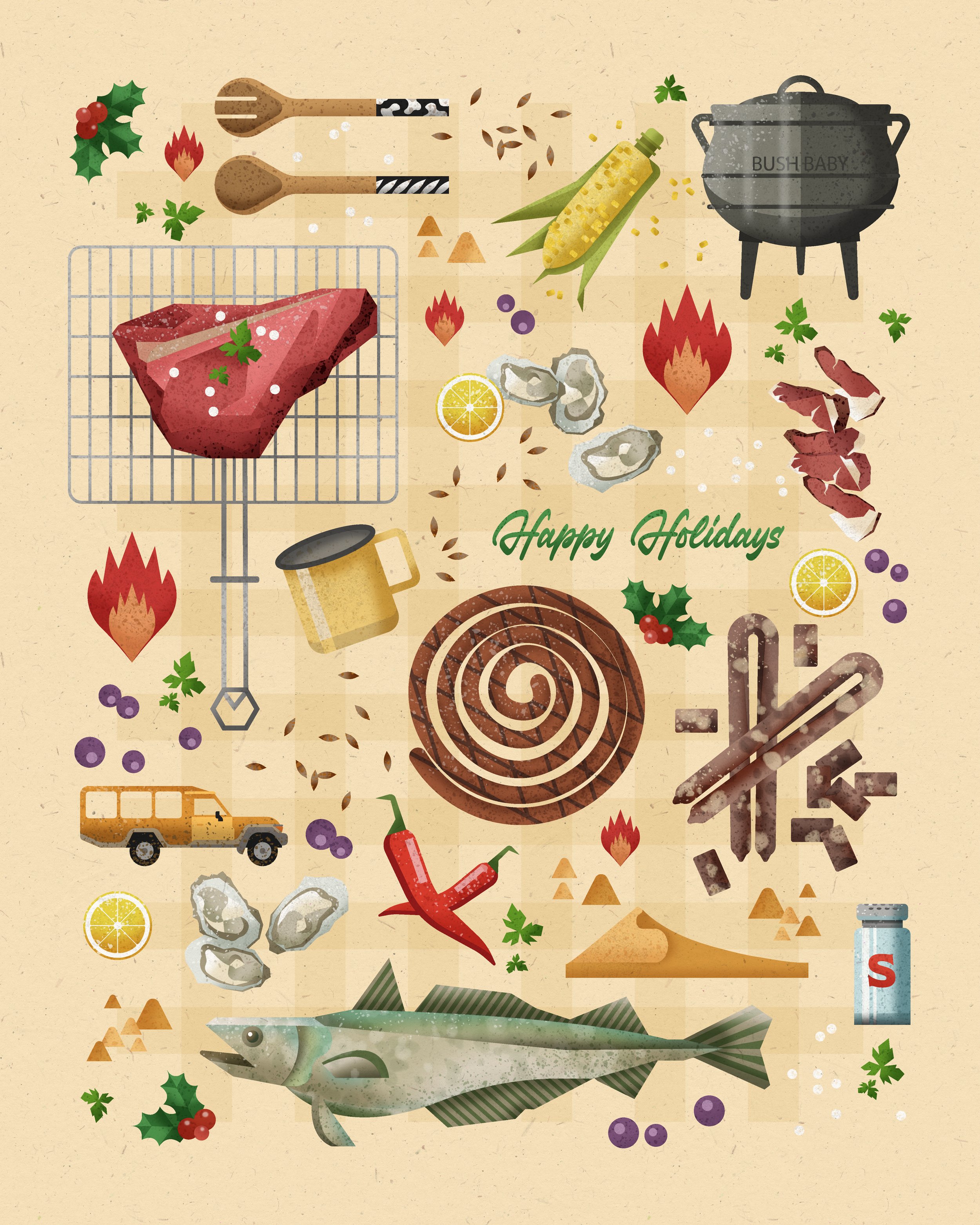 Illustration with holiday themes including a raw steak on a rack, a fish, a chicken drumstick, oysters, a cinnamon roll, chili peppers, lemon slices, corn, a jalapeño, a camping pot, a yellow vehicle, and a bottle of vitamins, with holly, berries, fi