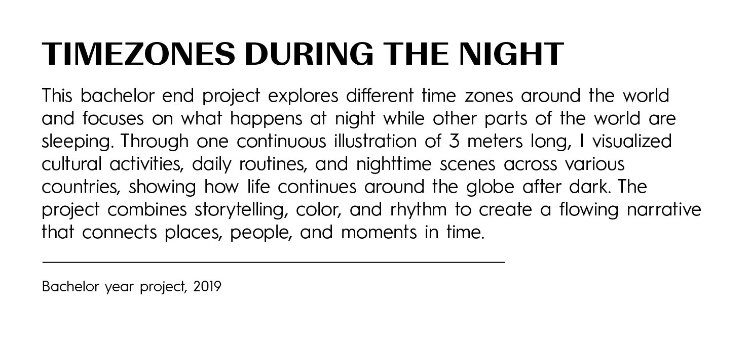 Text titled 'Timezones During the Night' explaining a project exploring global time zones through storytelling, color, and rhythm, from a 2019 bachelor's year project.