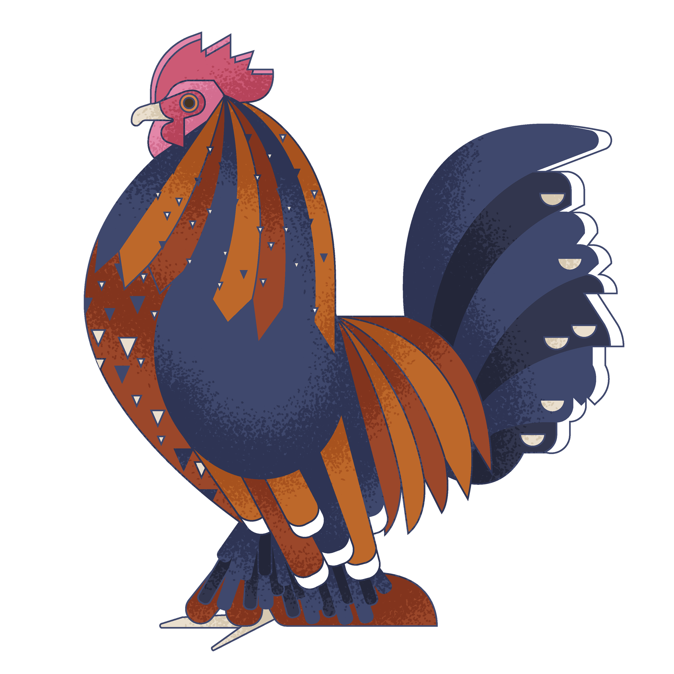 Stylized illustration of a rooster in blue, orange, and white tones, facing left with tail feathers extending behind and a dark background.