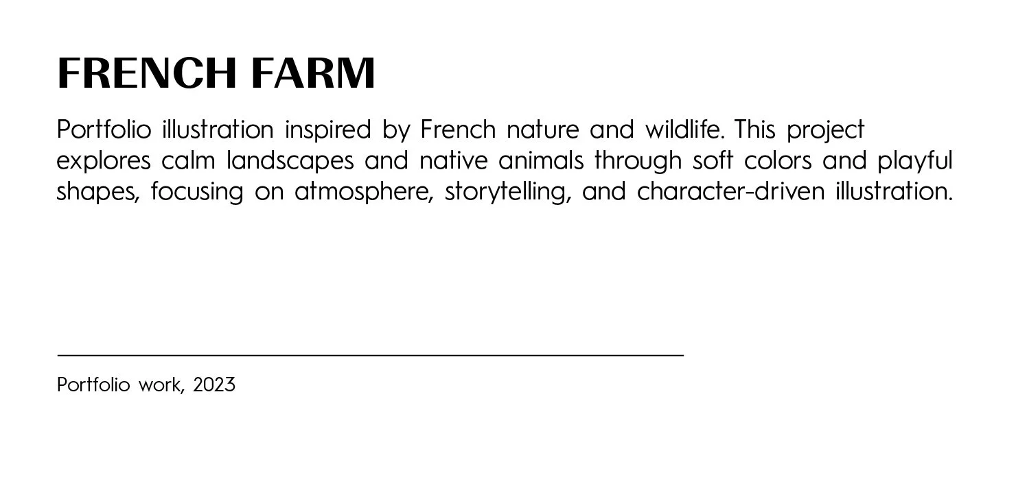 Page from a portfolio titled 'French Farm' with a description of French-inspired landscape and wildlife, emphasizing calm landscapes, native animals, and suave colors and shapes, mainly in black text on white background.