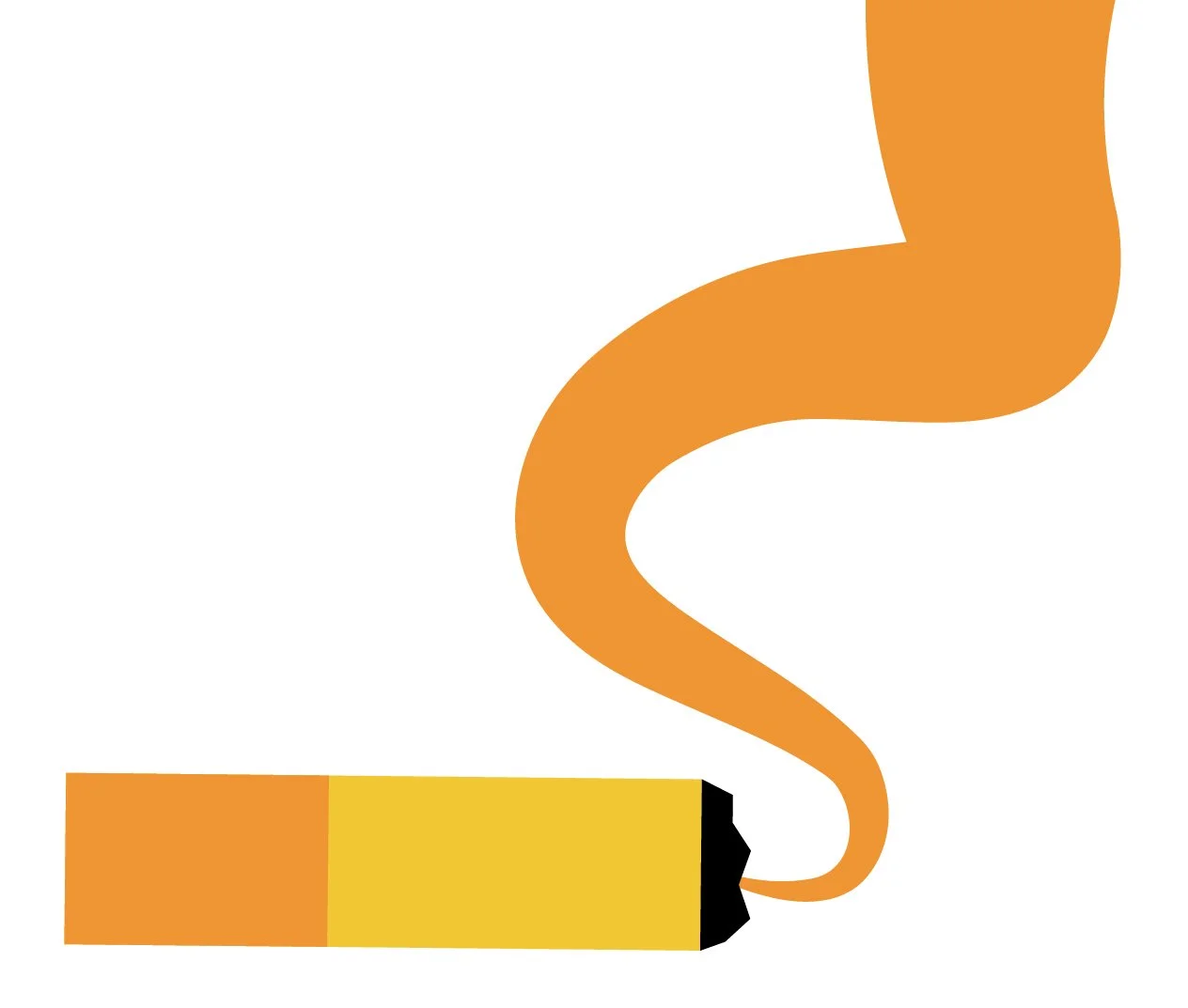A lit cigarette with ash at the tip, emitting a curly trail of smoke against a white background.