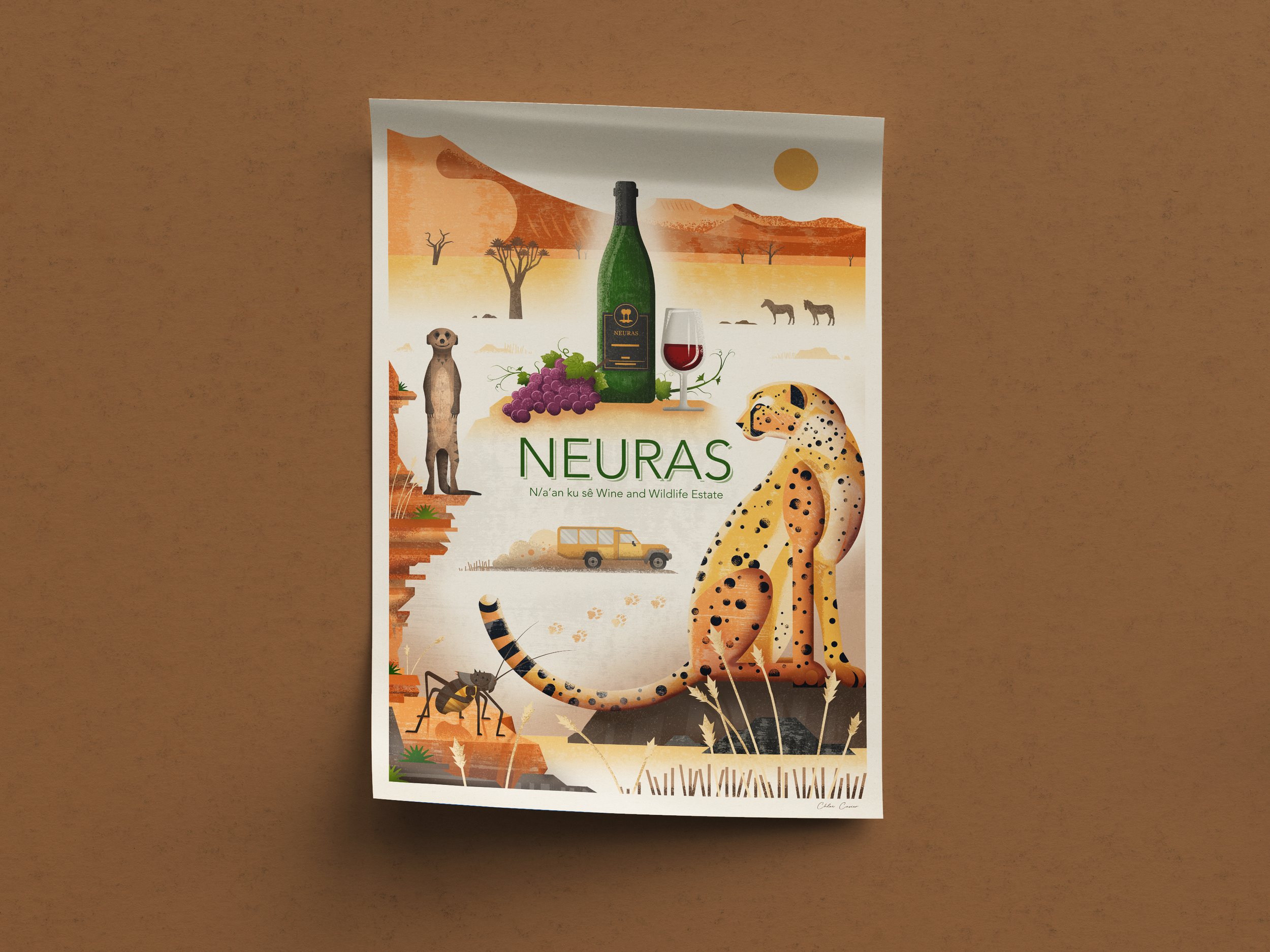 Illustrated poster for Neuras wine and wildlife estate featuring a landscape with mountains, trees, animals including a cheetah, meerkat, and ant, a bottle of wine, a glass of red wine, grapes, a vehicle, and the estate's name.