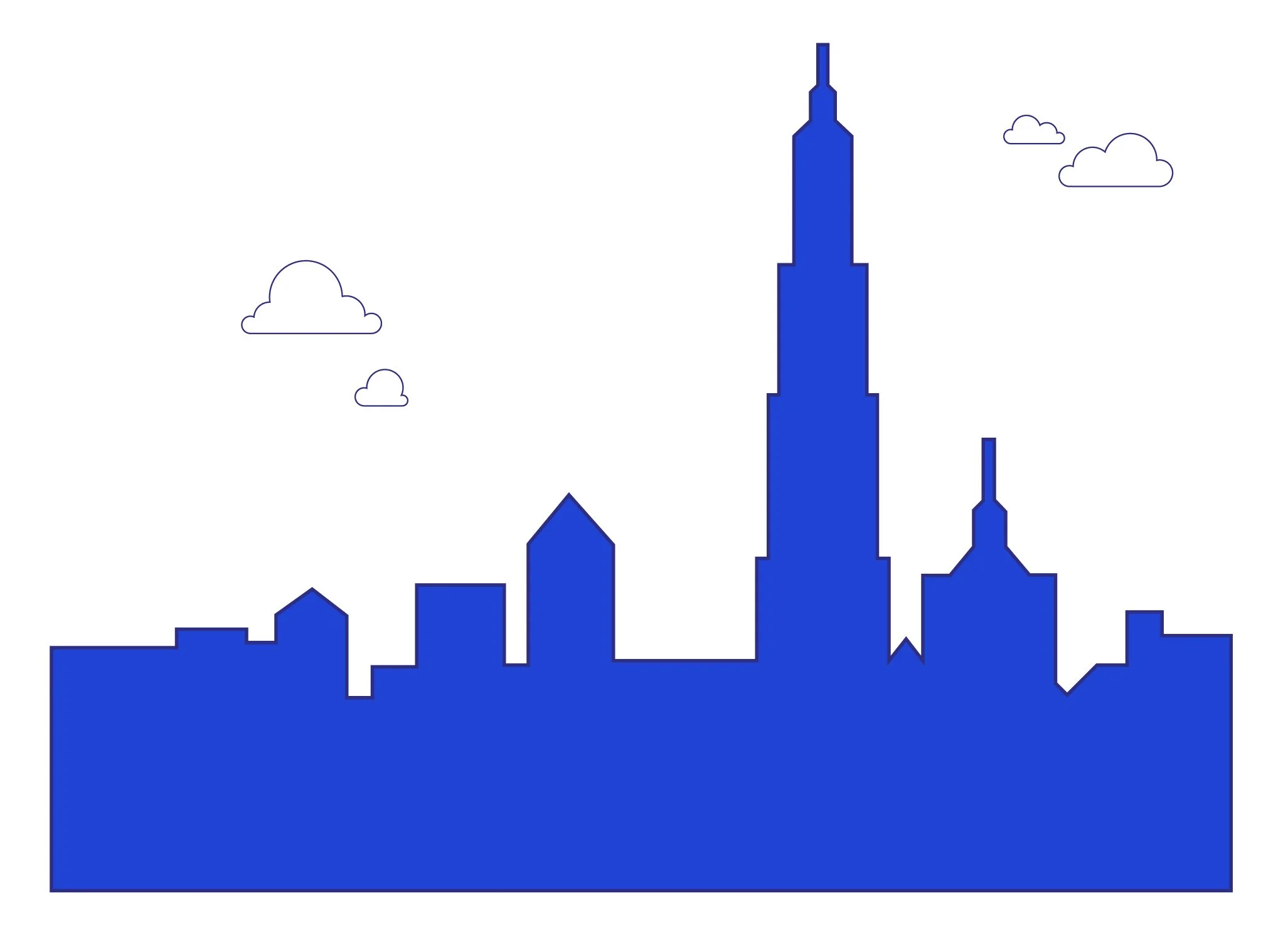A blue silhouette of a city skyline with tall buildings, with a few simple clouds in the sky.