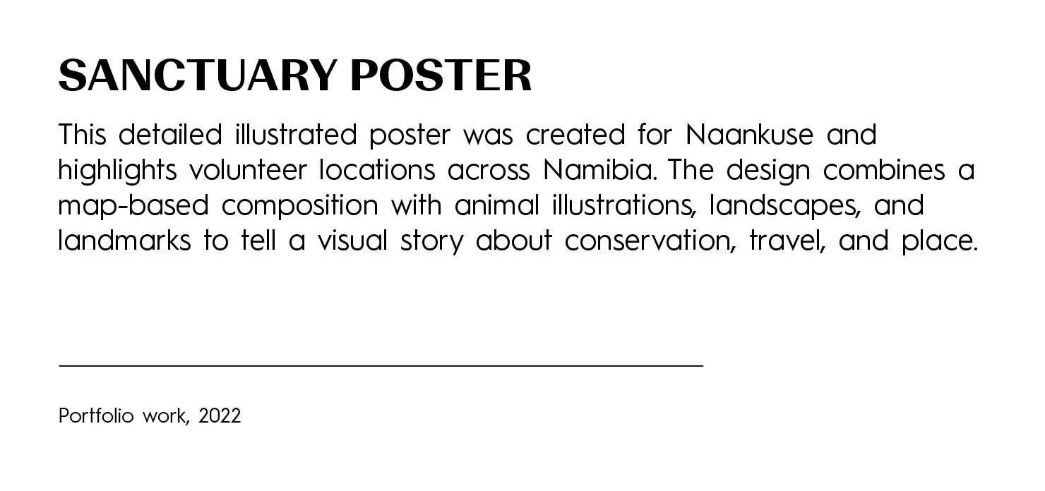 Sanctuary poster with black and bold title, description of its purpose, and a footer indicating portfolio work from 2022.