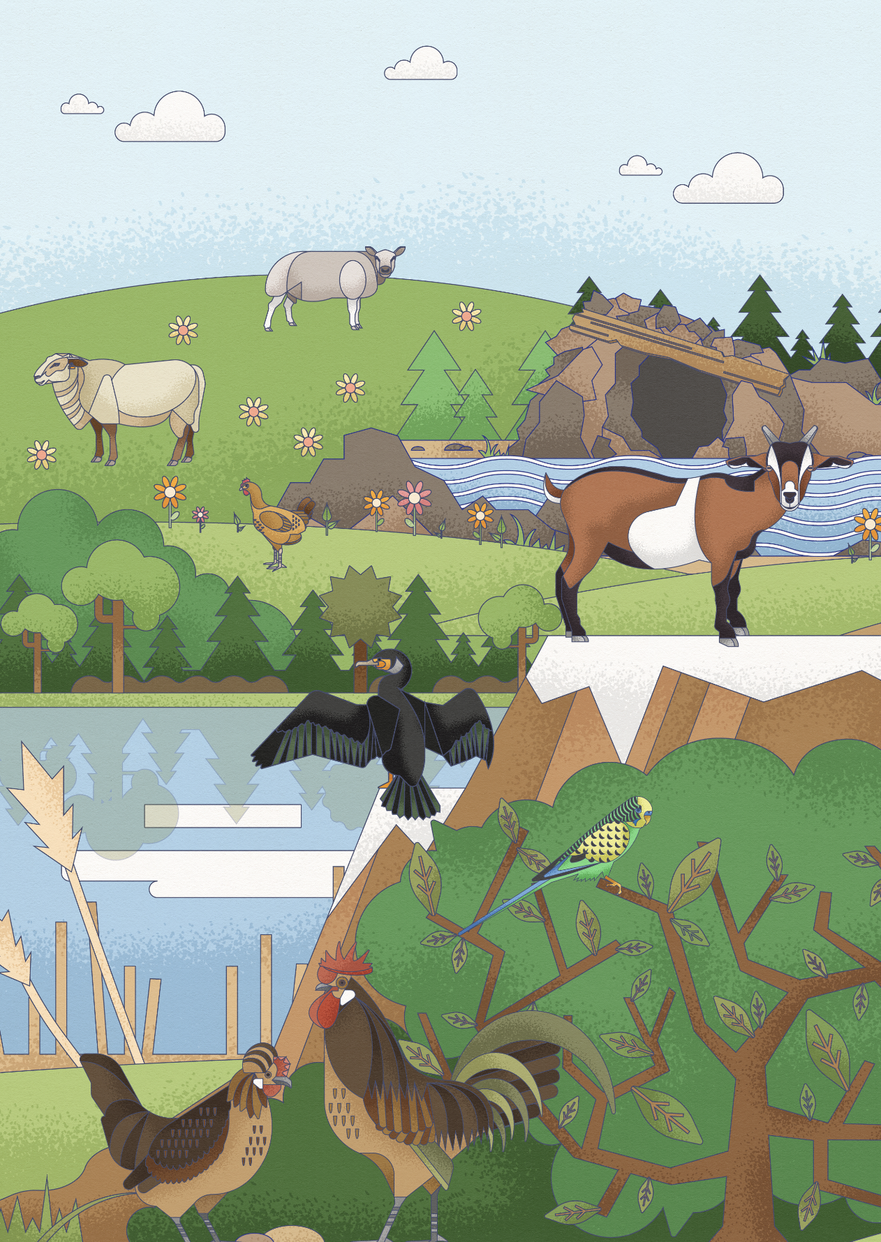 Illustration of a farm landscape featuring various animals; in the foreground, two chickens and a rooster; a tree with green leaves; a river with a black bird flying above; a large brown and white goat standing on rocks near the river; a tiger near t