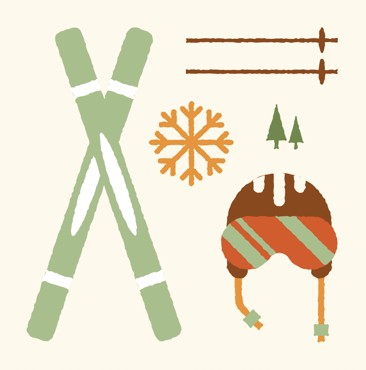 Illustration of winter sports equipment including a pair of green skis, two brown ski poles, a Christmas ornament helmet with earflaps, a snowflake, and two evergreen trees.