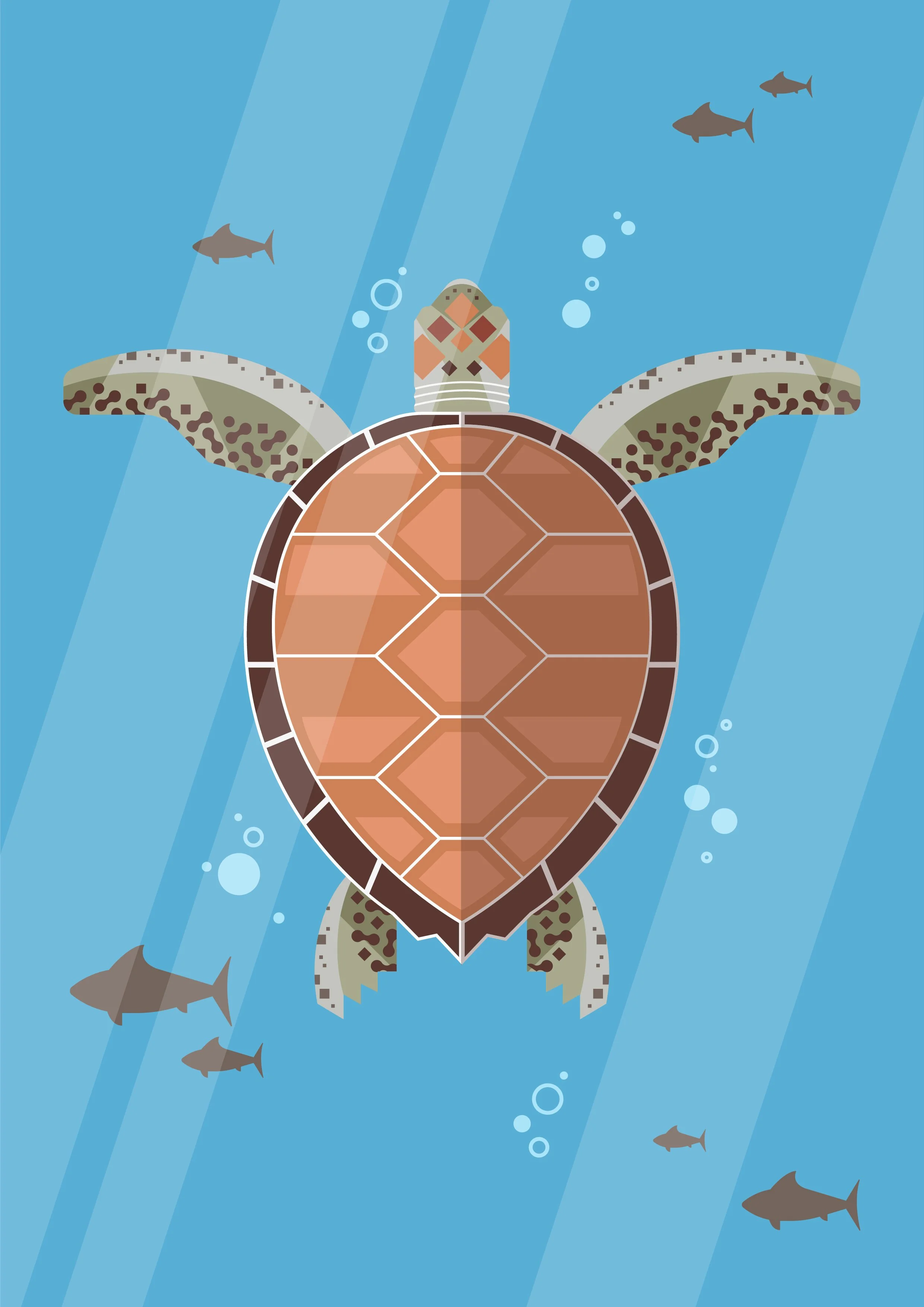 A cartoon illustration of a sea turtle swimming underwater with several fish around it, blue water, and light reflections.