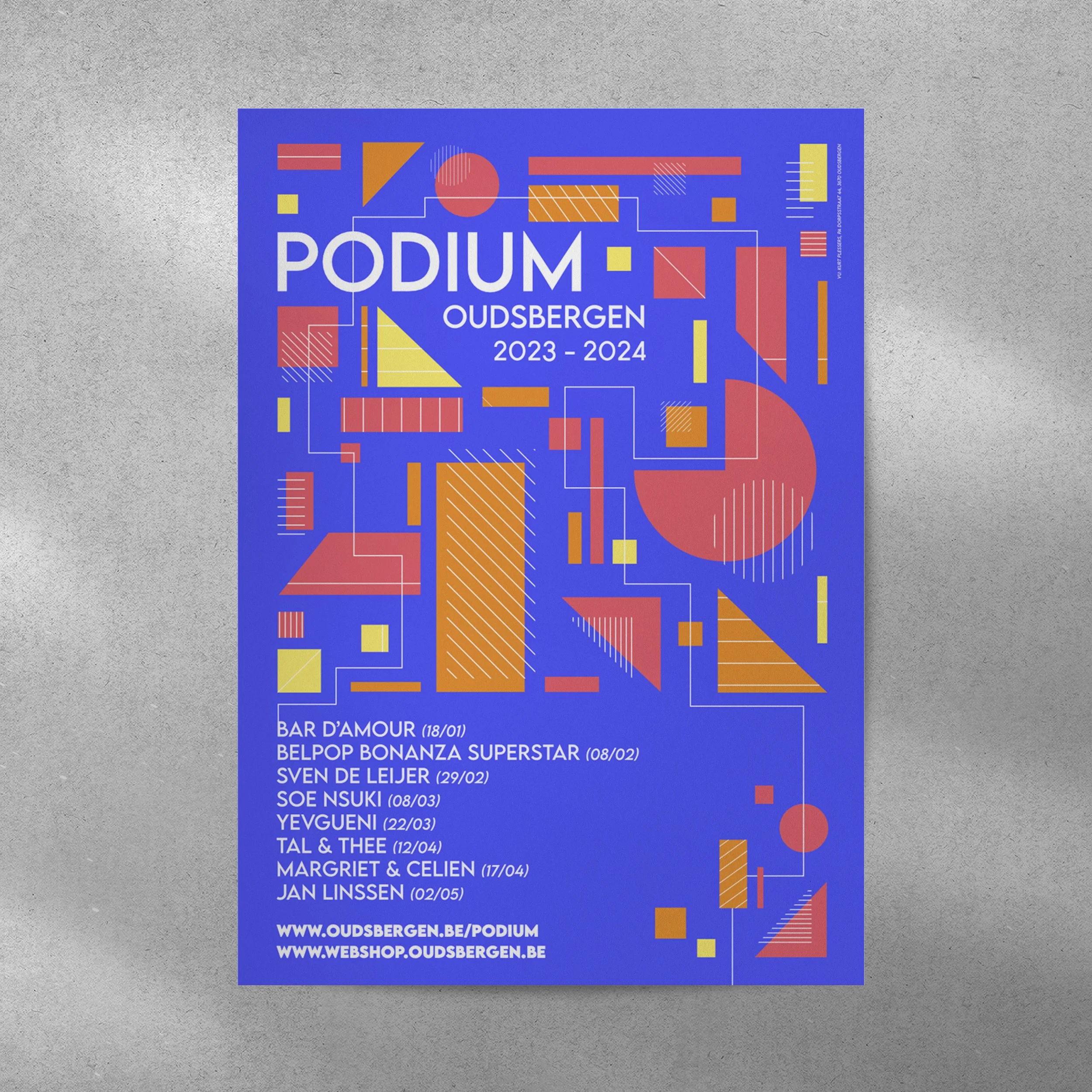 A colorful poster advertising a series of events at Podium Oudbergen for 2023-2024, featuring geometric shapes and a schedule of performances.