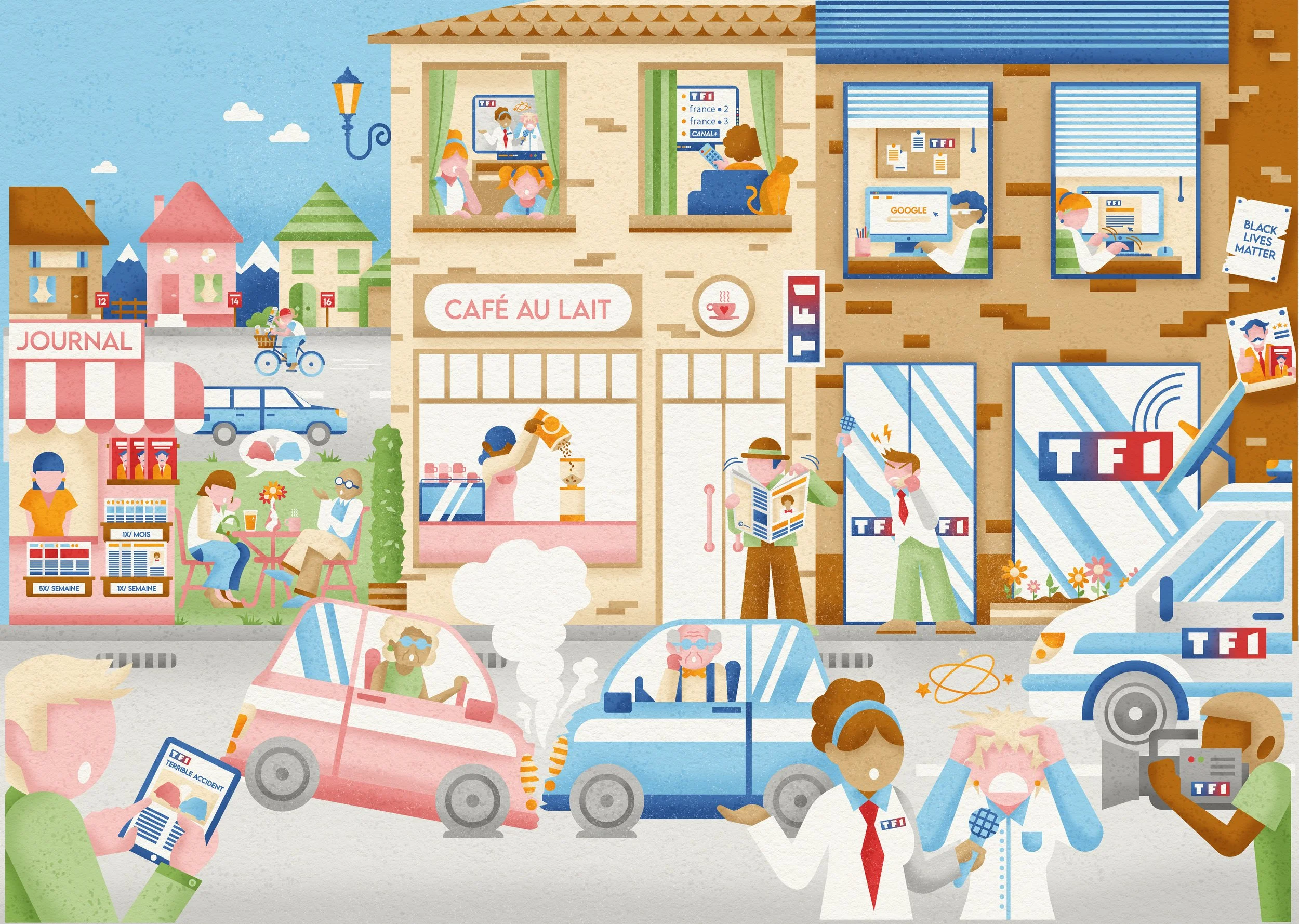 A lively cartoon scene of a city street with buildings, people, and media crews reporting news. Some individuals are watching TV, reading a newspaper, and having coffee outside a cafe. Two cars are involved in a minor accident with reporters covering