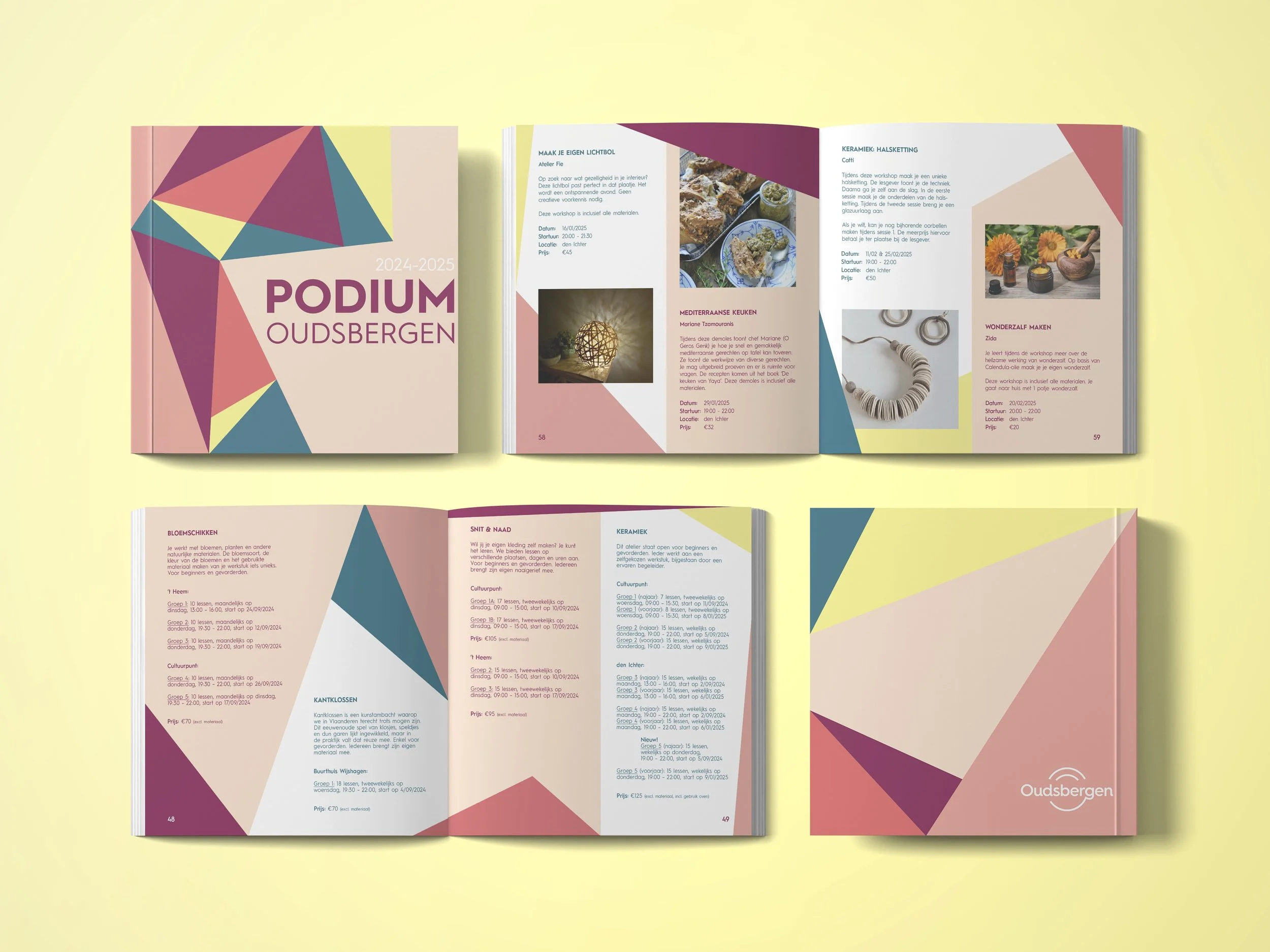 Open coloring and event brochure for Podium Oudsbergen 2024-2025, with colorful geometric cover and interior pages displaying event descriptions, times, locations, and prices.