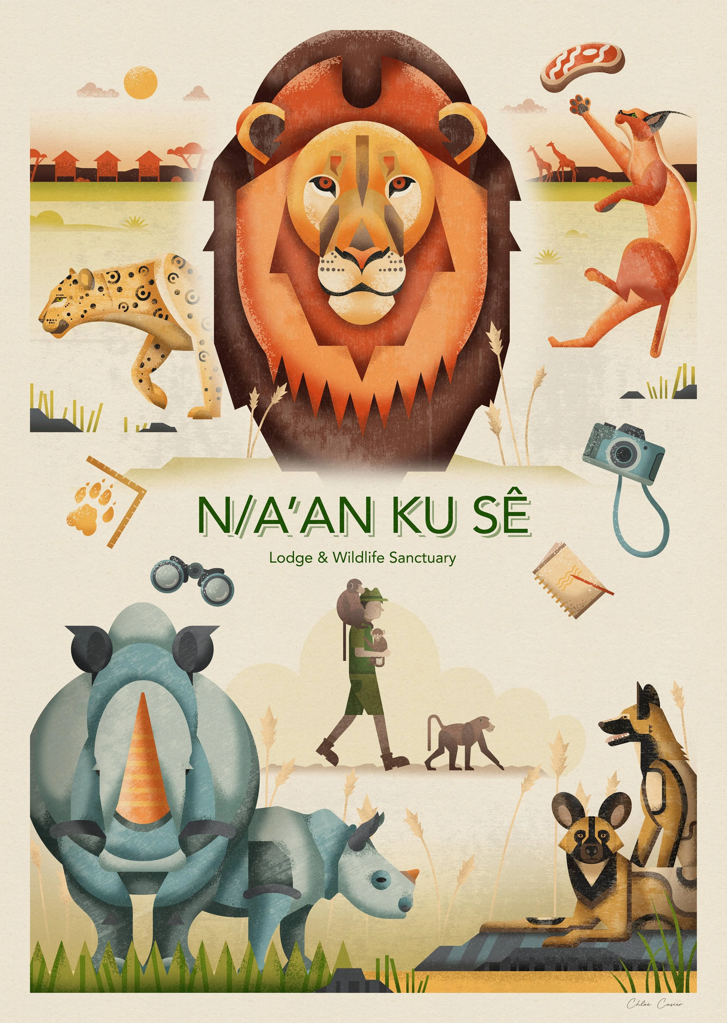Illustration of a lion's face surrounded by African wildlife including a cheetah, rhinoceros, and hyena, with a safari guide and animals in the background, along with safari-themed icons like binoculars, a camera, and paw print, promoting Lodge & Wil