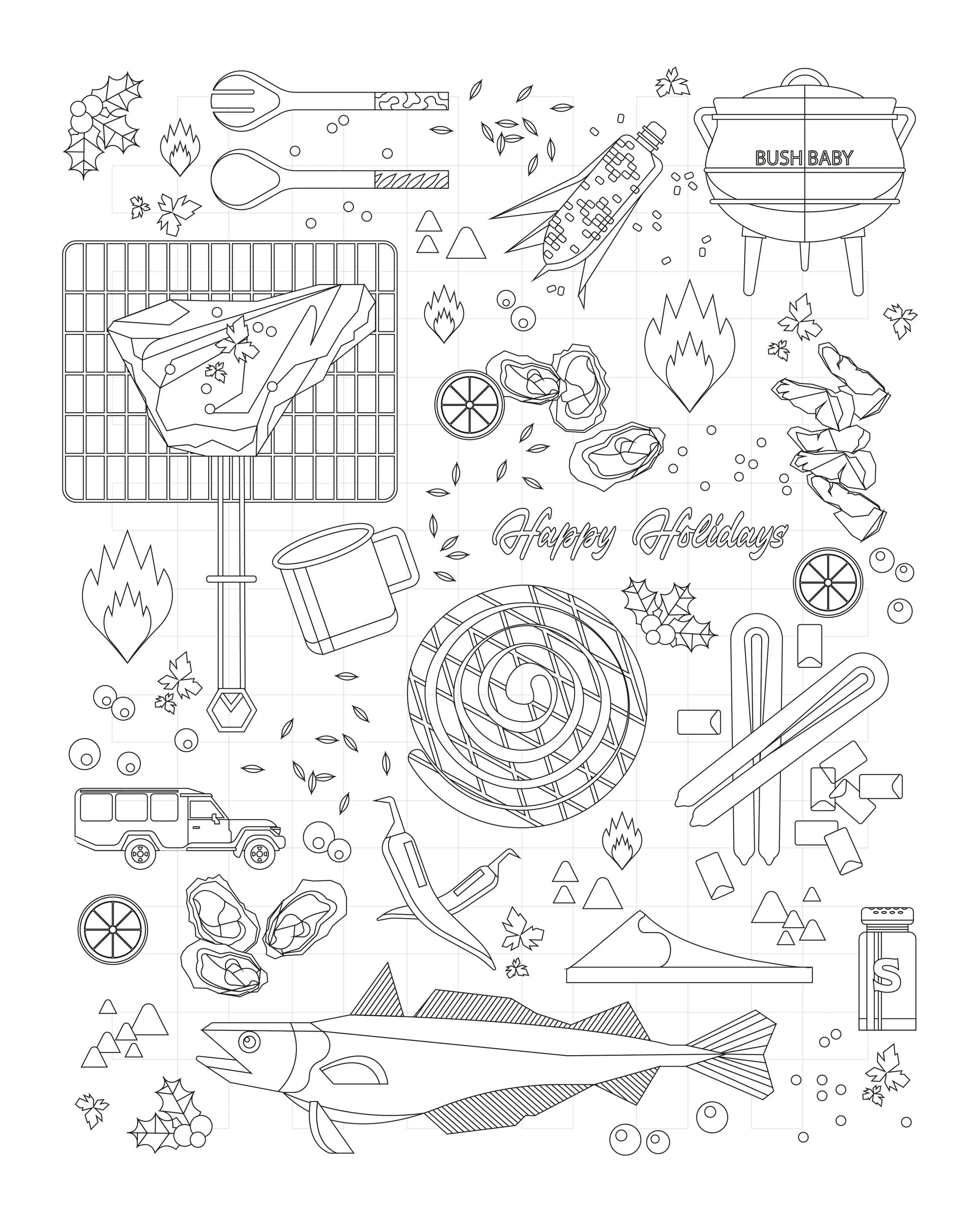 Black and white outline drawing of holiday-themed camping and outdoor objects, including a grill, fishing spear, fish, camping stove labeled 'Bush Baby,' cup, rocks, fire flames, snowflakes, holly, and the words 'Happy Holidays'.