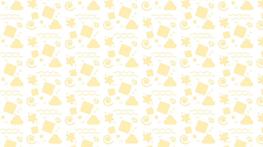 Pattern with various yellow shapes like clouds, squares, spirals, flowers, and wavy lines on a white background.