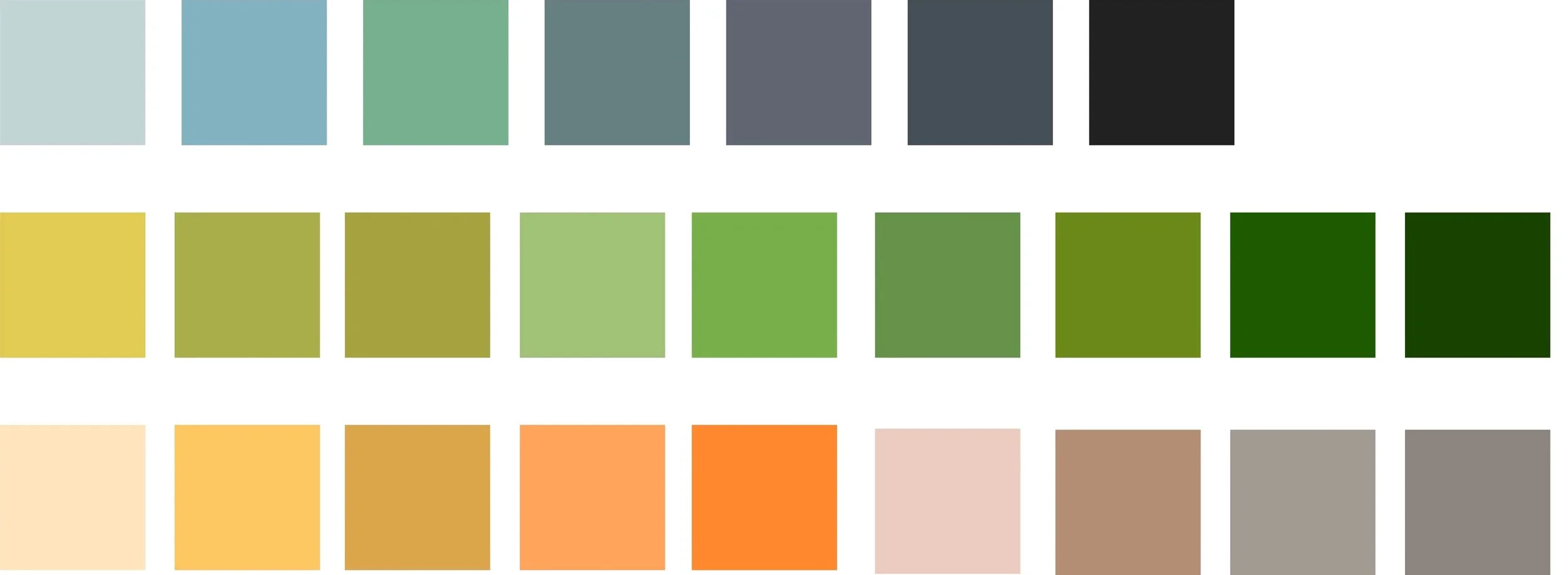 Color palette featuring rows of rectangular swatches organized by hue. The first row includes shades of blue and gray, the second row displays shades of green, the third row has shades of yellow and orange, and the fourth row features shades of beige
