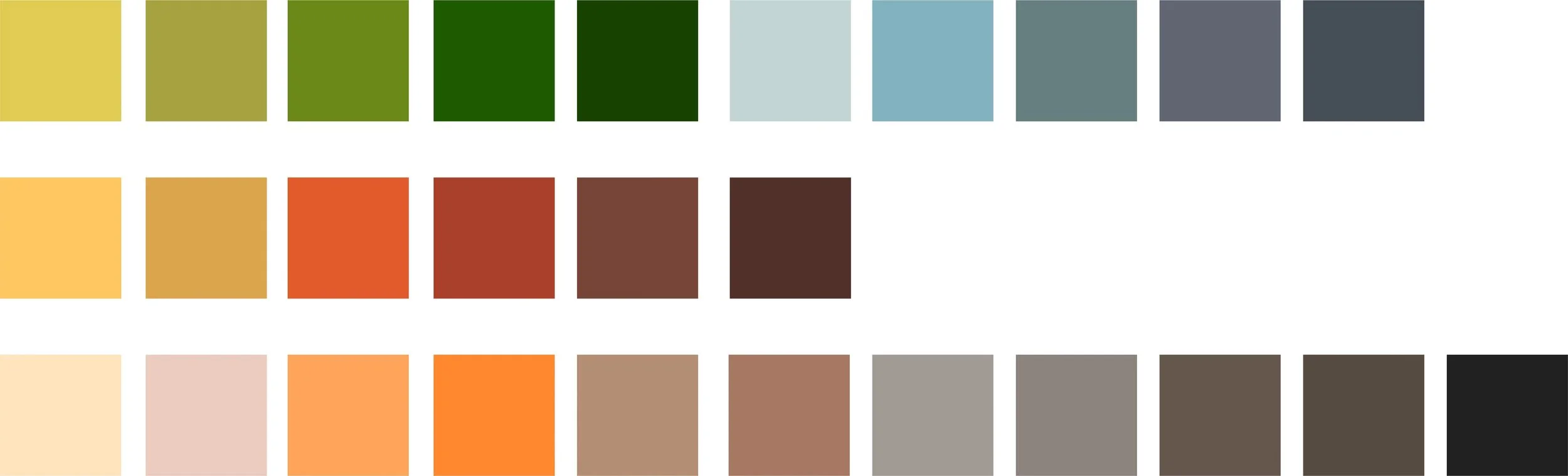 A color palette featuring rows of color swatches including shades of yellow, green, blue, red, brown, beige, orange, gray, and black.